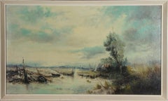 Alfred W. Saunders - 20ème siècle, huile, paysage sombre avec bateaux