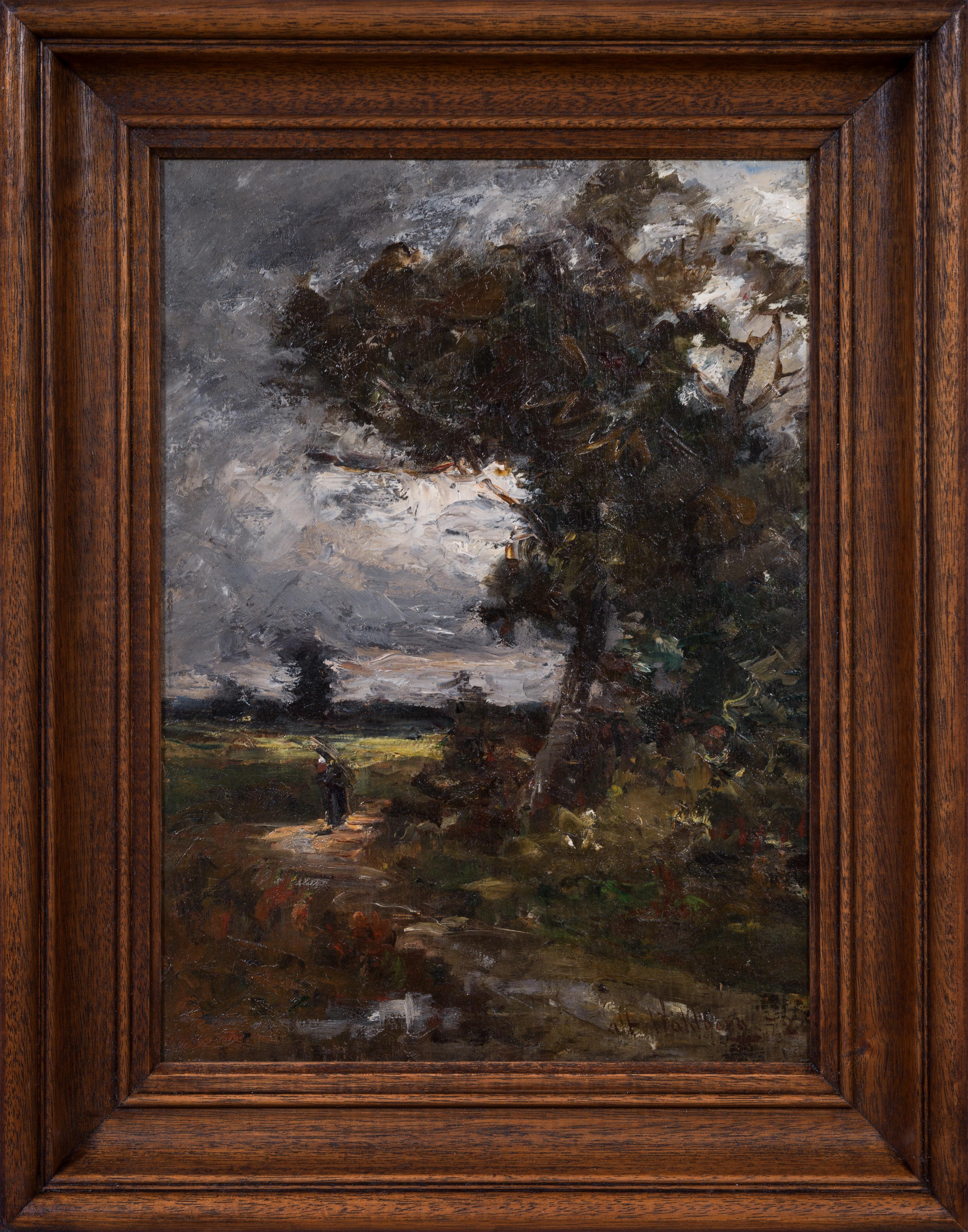 Landscape Painting di Alfred Wahlberg - Paesaggio francese al chiaro di luna con raccoglitore di sterpi (1872)