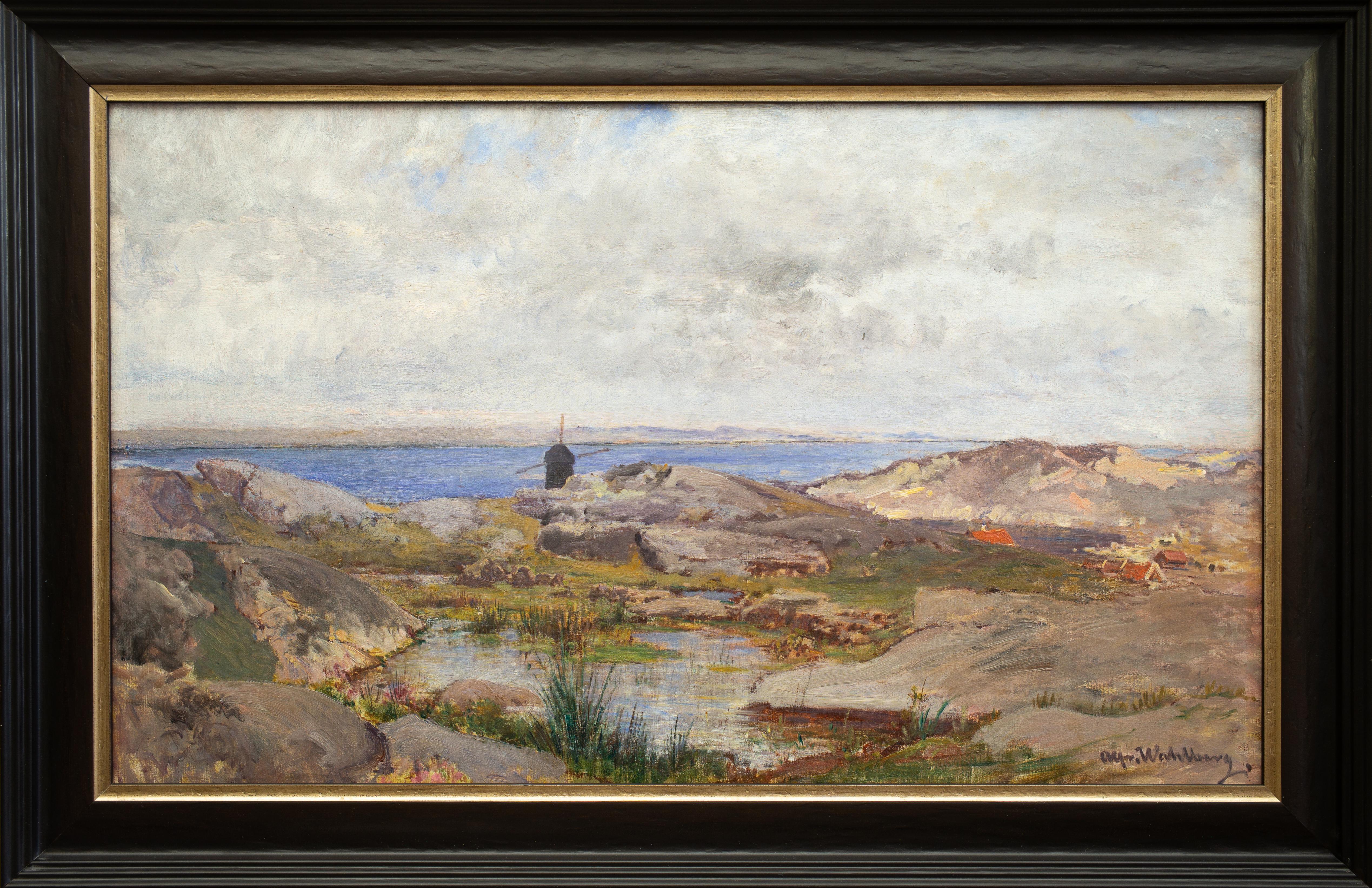 Alfred Wahlberg was a distinguished Swedish landscape painter whose career spanned Germany, France, and Sweden. During his early years, he resided in Düsseldorf, where he was influenced by his mentor, the Norwegian artist Hans Frederik Gude.