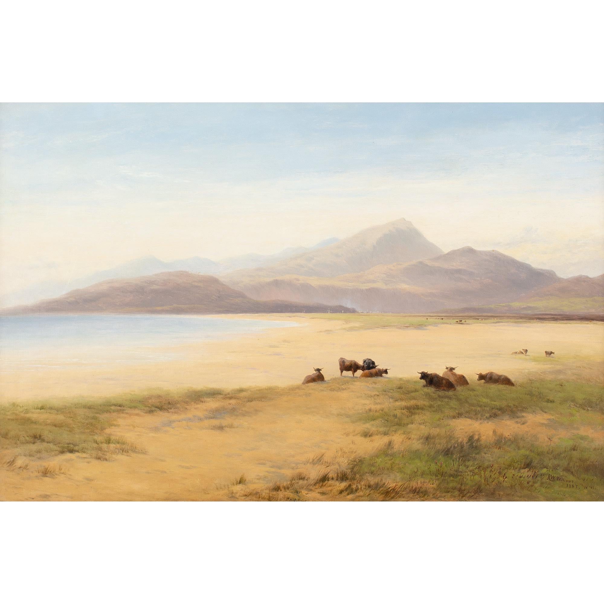 This late 19th-century oil painting by British artist Alfred Walter Williams (1824-1905) depicts an expansive view across Barmouth Sands in North Wales.

The relaxed golden sands stretch lazily towards distant peaks where the mountains meet the sea