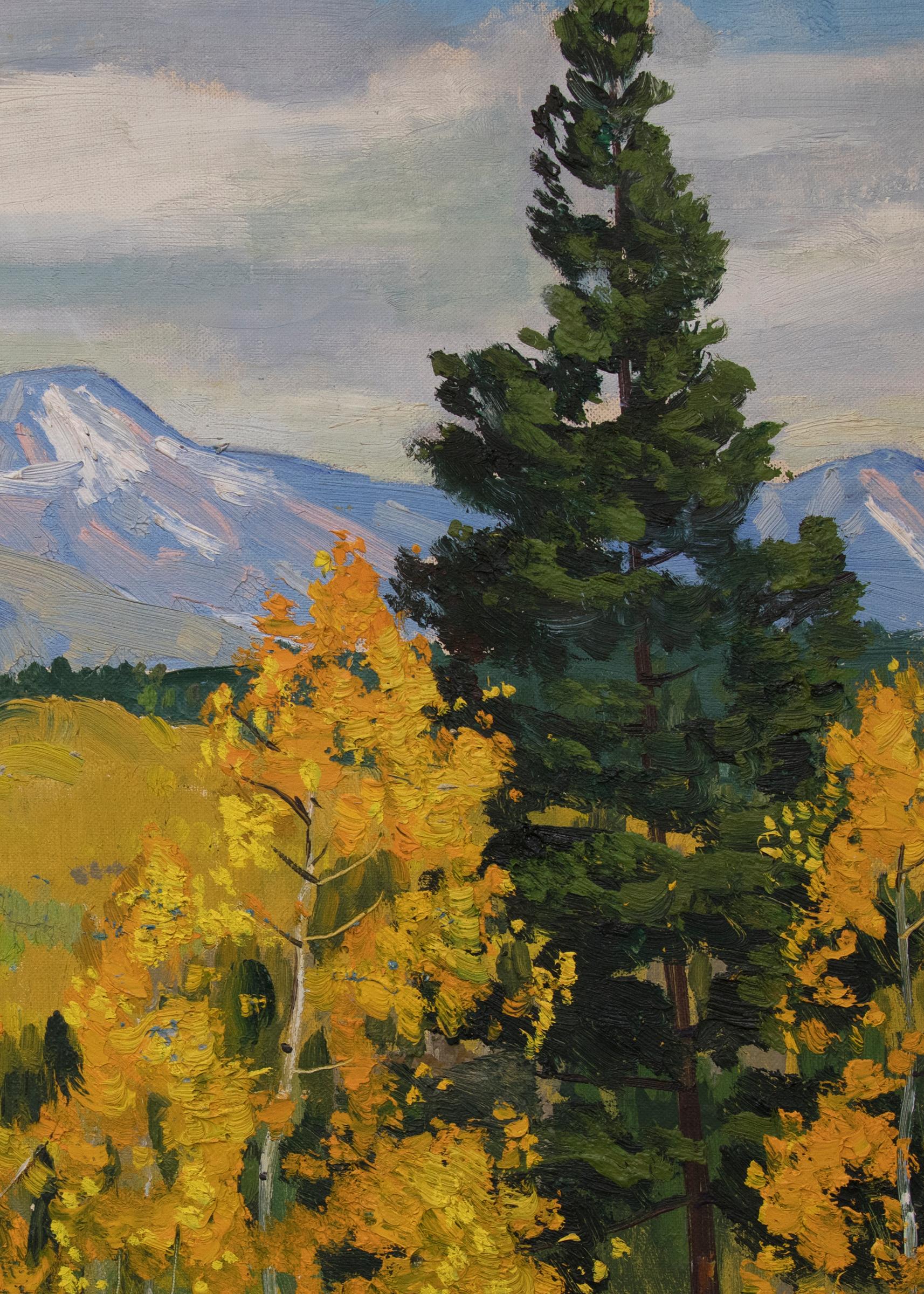 20th century modern mountain landscape oil painting portraying aspens and pines with fall coloring. Signed in the lower left by artist Alfred James Wands. Presented in a custom frame, outer dimensions measure 26 ½ x 30 ½ x 1 ¾ inches.  Image size is