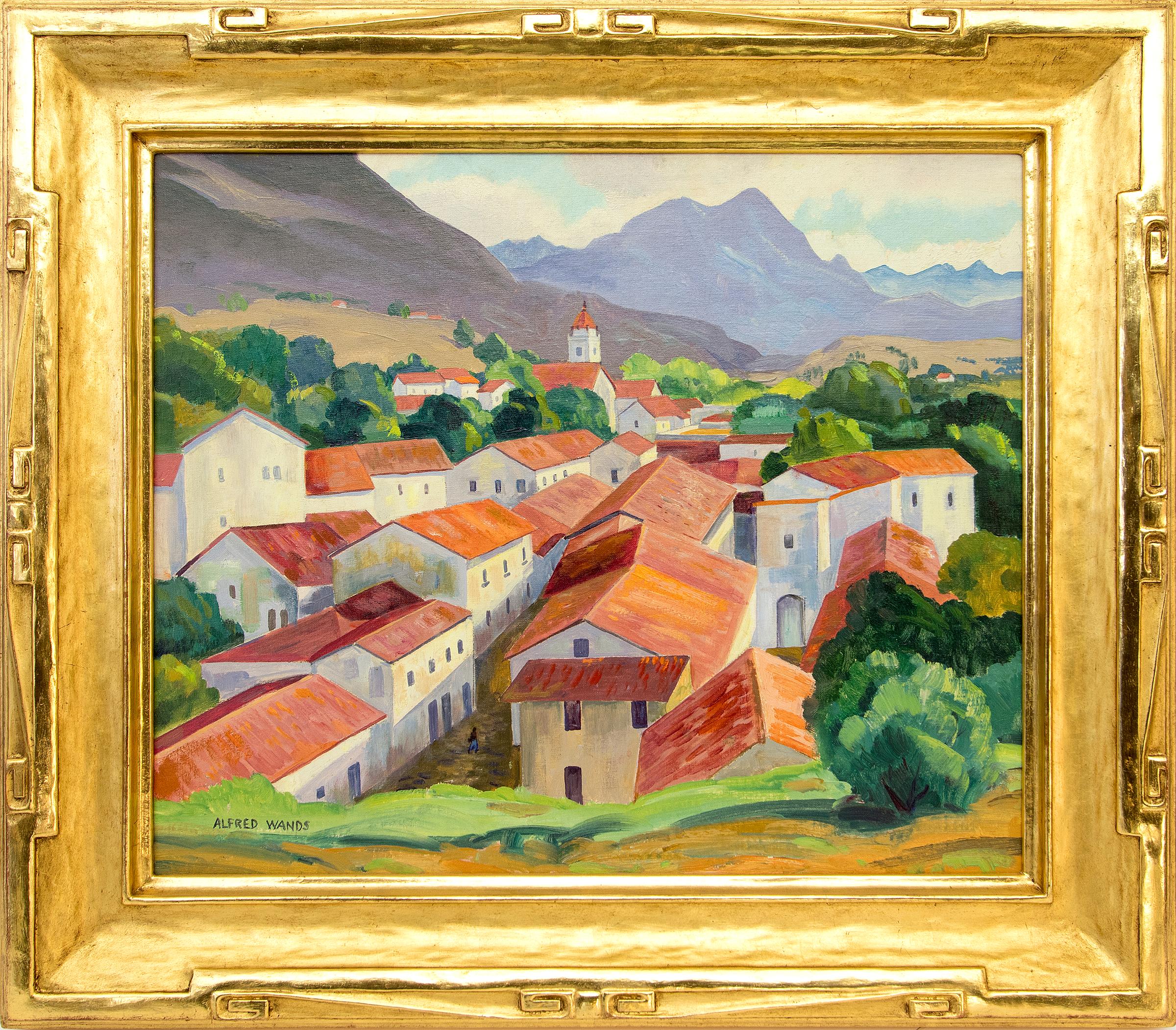 Peinture à l'huile encadrée, Mexique, paysage du 20e siècle avec montagnes et village