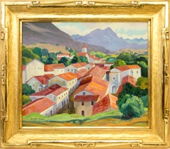 Vintage Mexico, 20th Century Landscape with Mountains and Village, Framed Oil Painting