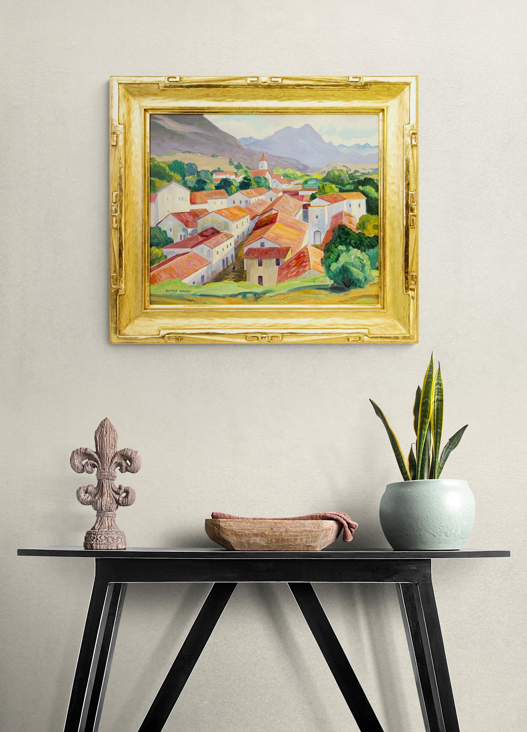 Peinture à l'huile encadrée, Mexique, paysage du 20e siècle avec montagnes et village - Modernisme américain Painting par Alfred Wands