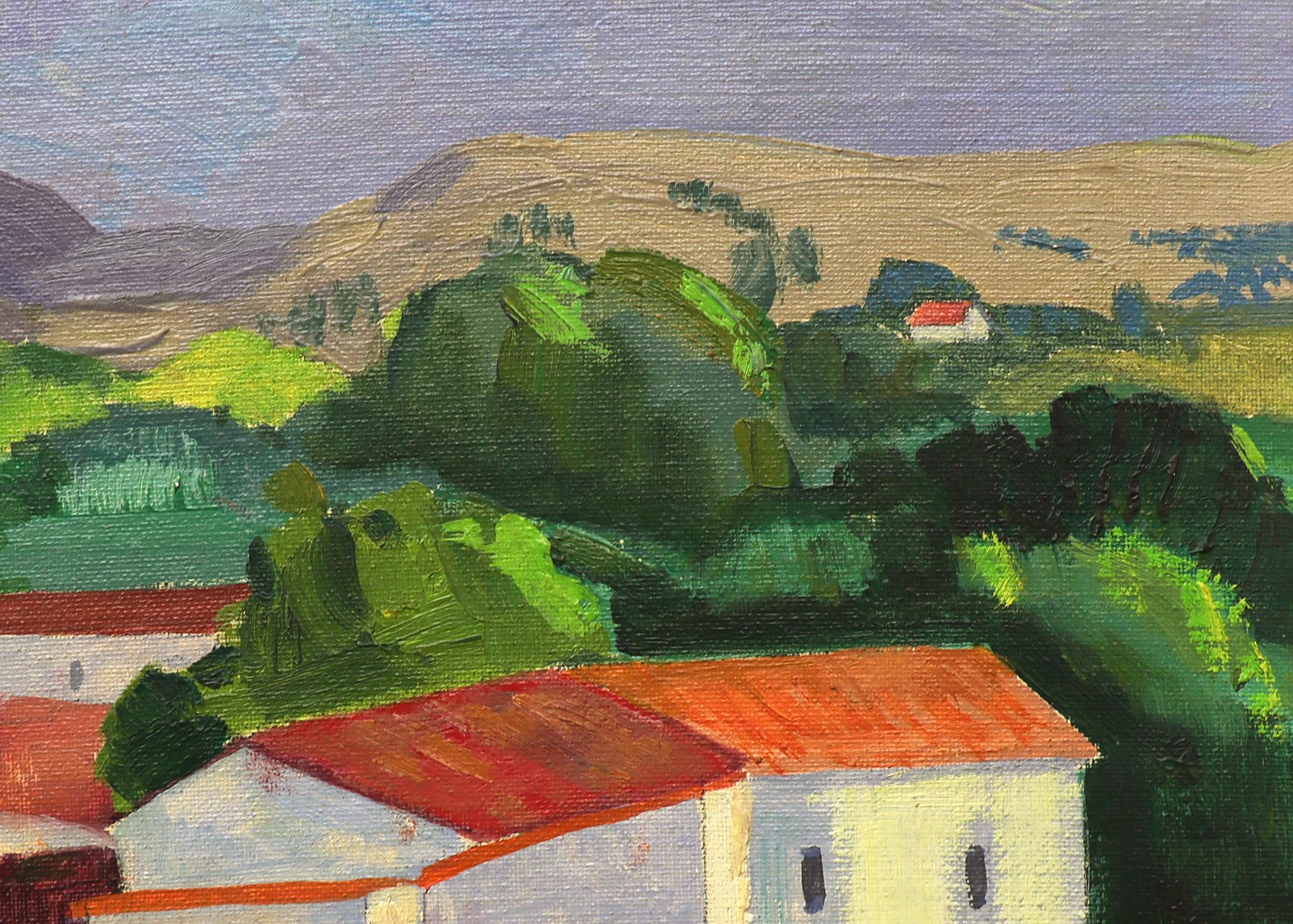 Peinture à l'huile encadrée, Mexique, paysage du 20e siècle avec montagnes et village en vente 4