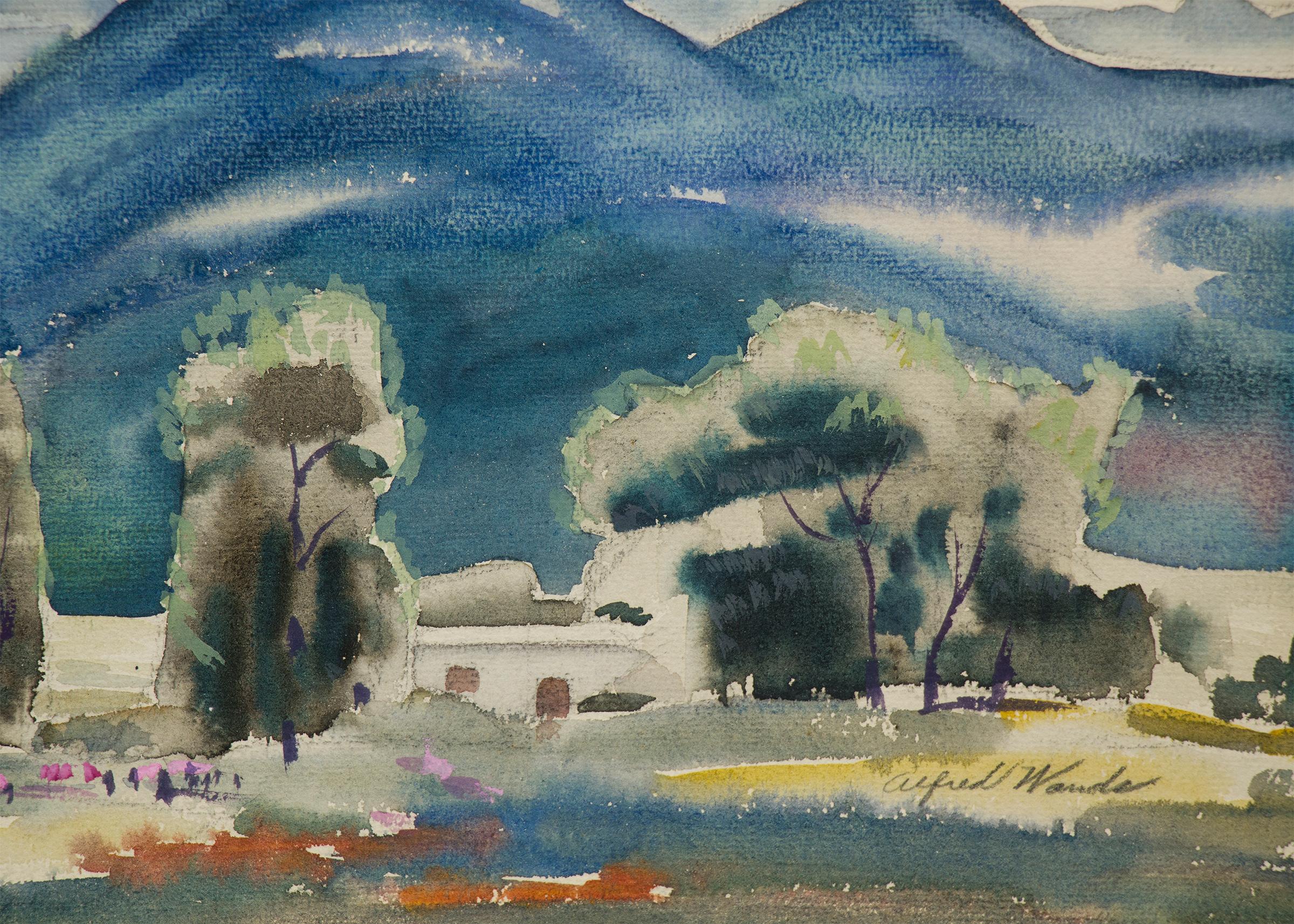 Paisaje en acuarela de las montañas Sangre de Cristo, sur de Colorado - Art impresionista estadounidense de Alfred Wands