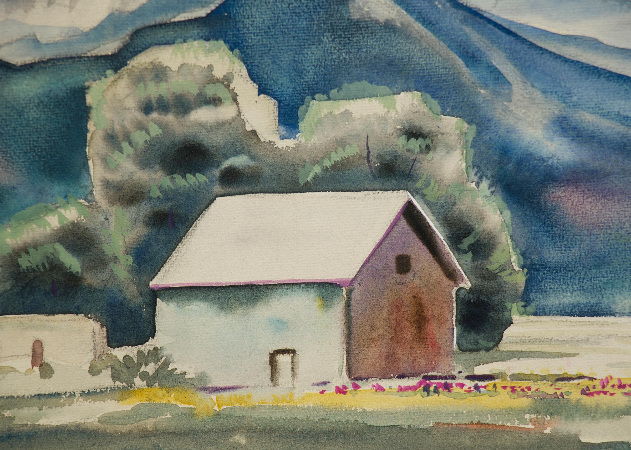 Originales modernistisches Aquarell des Sangre de Cristo-Gebirges in Colorado von Alfred Wands (1904-1998).  Ein Bauernhof im Vordergrund mit Bergen und Himmel in dominanten Blau-, Grün-, Weiß-, Gelb-, Violett- und Rot-Tönen.  Präsentiert in einem