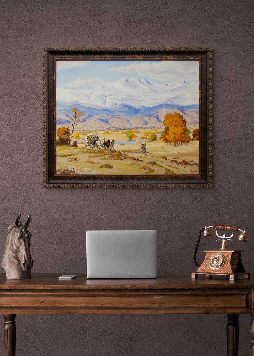 Coach de scène, paysage de montagne du Colorado, peinture à l'huile vintage de l'Ouest en vente 2