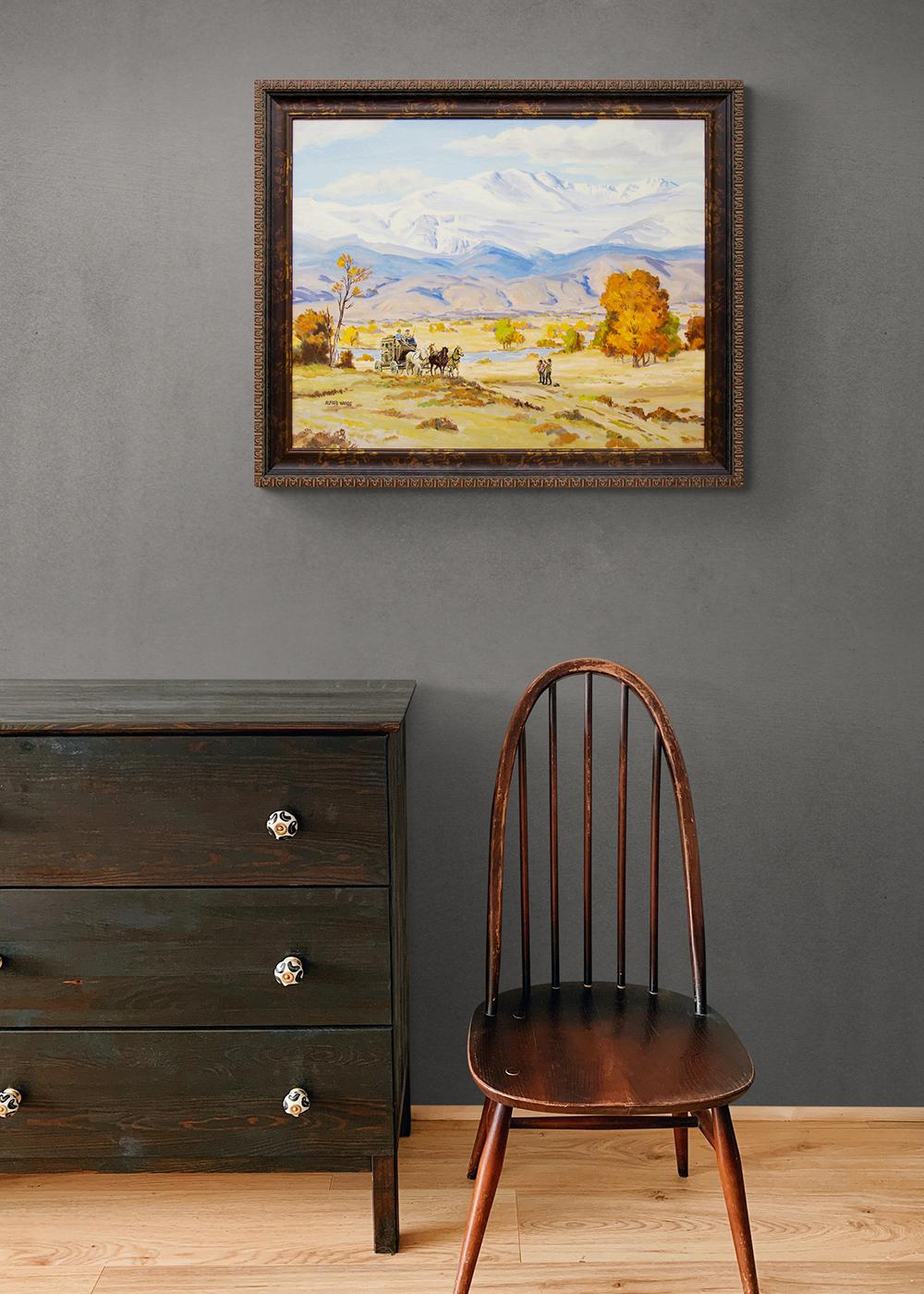 Paysage de montagne du Colorado avec Coach, peinture à l'huile vintage de l'Ouest, années 1960 en vente 6