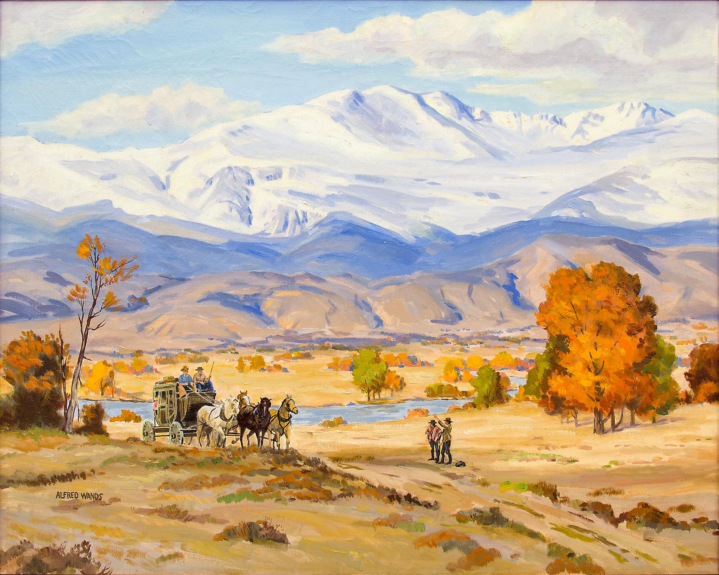 Stage Coach, Colorado Berglandschaft, Western-Ölgemälde, Vintage – Painting von Alfred Wands