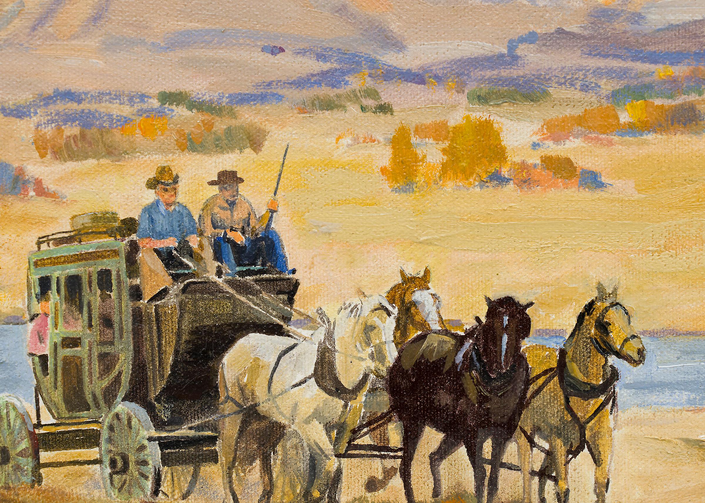 Coach de scène, paysage de montagne du Colorado, peinture à l'huile vintage de l'Ouest - Beige Landscape Painting par Alfred Wands