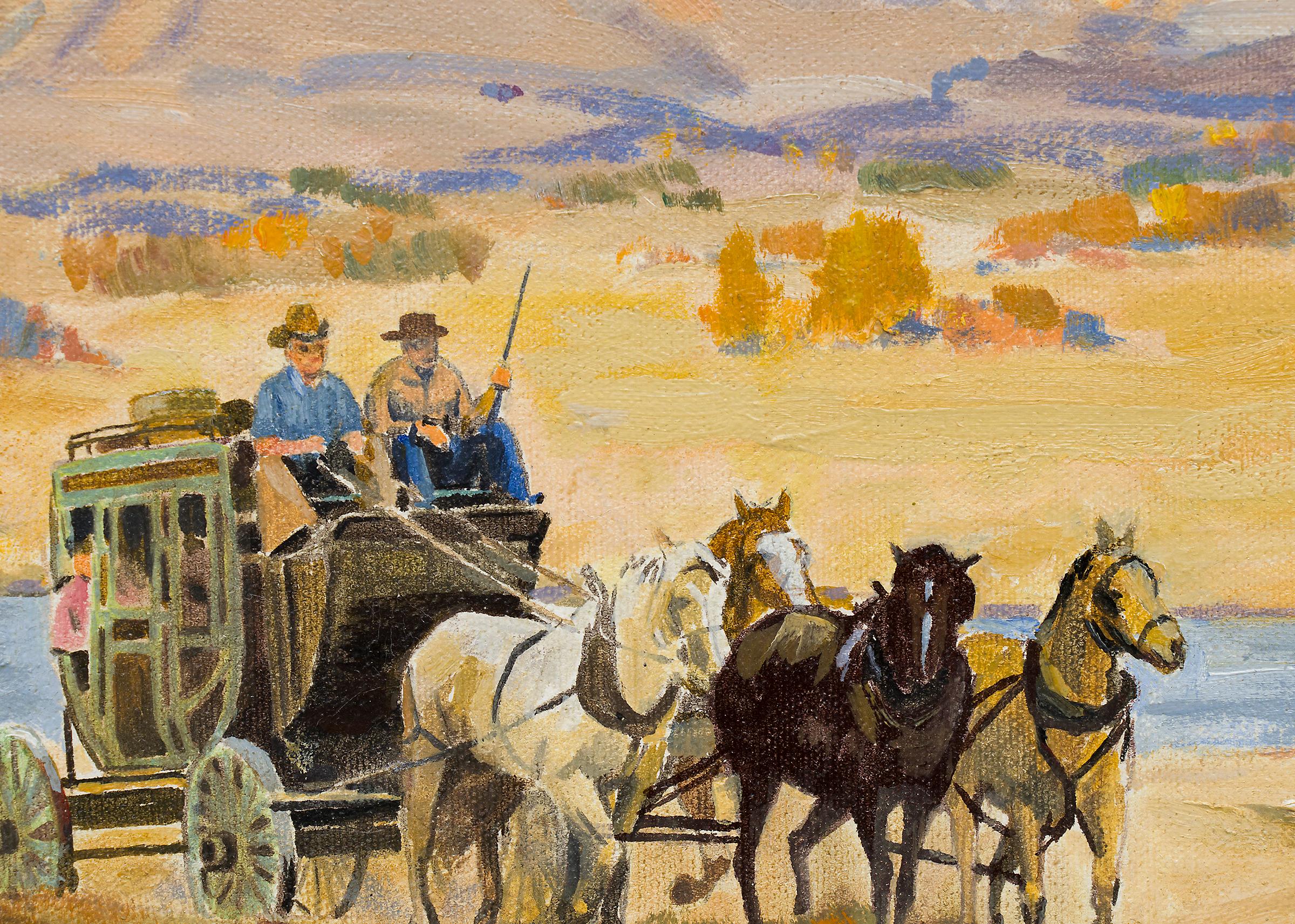 Paysage de montagne du Colorado avec Coach, peinture à l'huile vintage de l'Ouest, années 1960 - Beige Landscape Painting par Alfred Wands