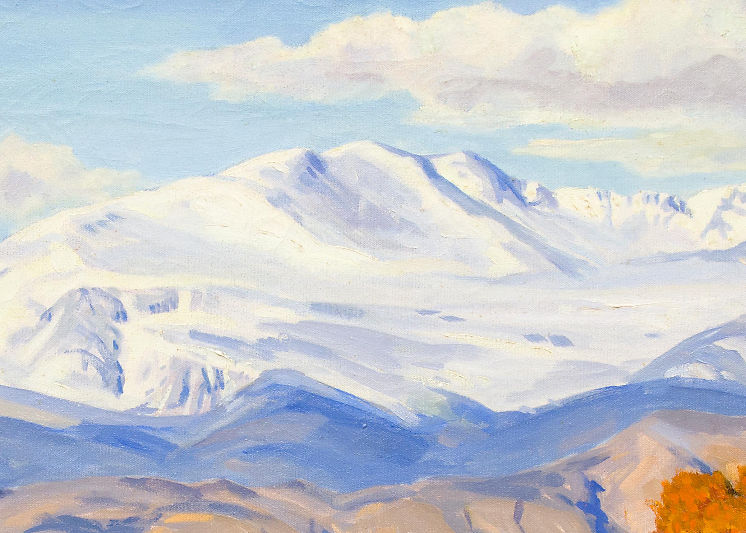 Vintage Berglandschaft Gemälde, Öl auf Leinwand der Pferde ziehen eine Postkutsche entlang der Front Range von Colorado von Alfred Wands (1904-1998). Herbstbäume, goldenes Gras, Fluss und verschneite Berge. Präsentiert in einem Vintage-Rahmen,