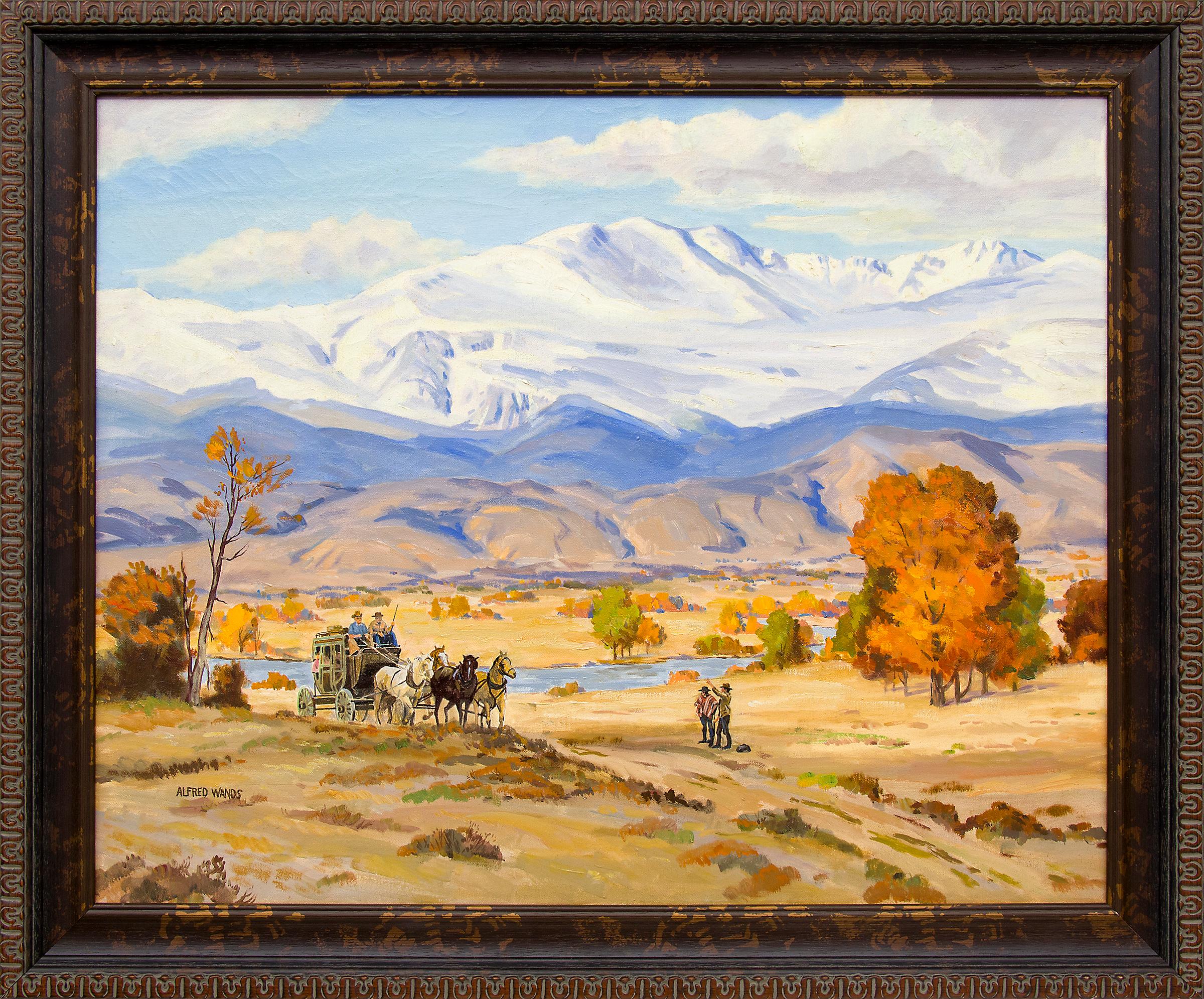 Coach de scène, paysage de montagne du Colorado, peinture à l'huile vintage de l'Ouest