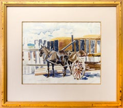 Watercolor Painting, Horses, Carriage, Buildings in Blue, Yellow and Brown