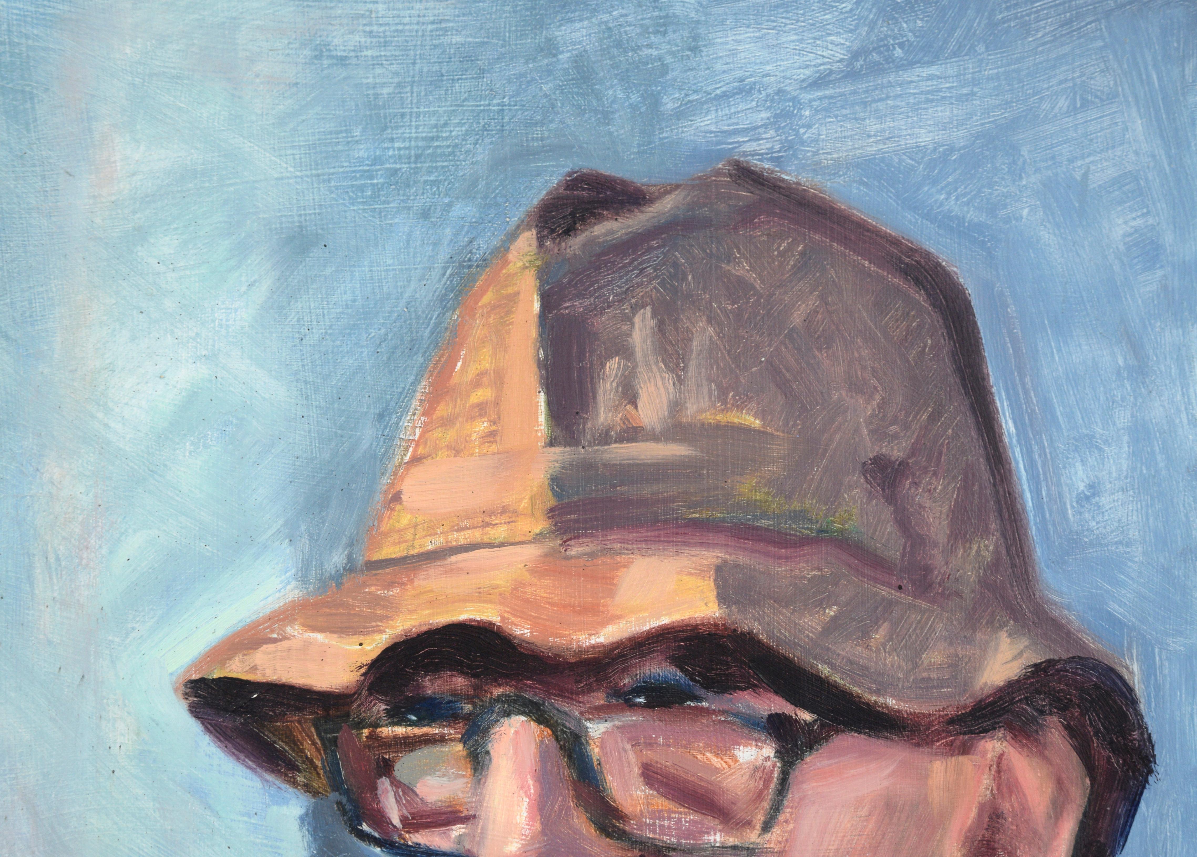 Portrait of a Man with a Fisherman's Hat and Glasses in Oil on Masonite - Painting by Alfred Waterman