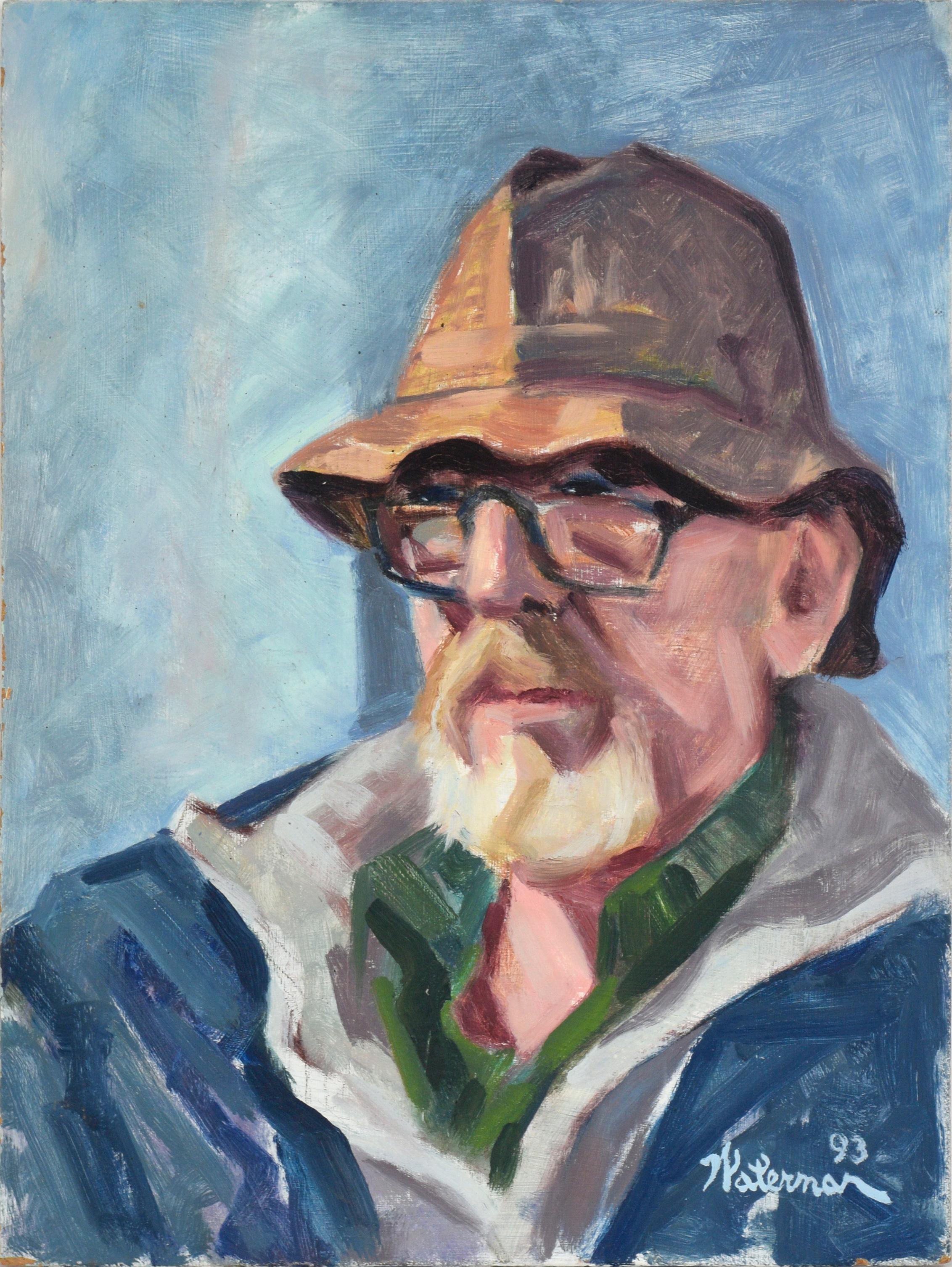 Alfred Waterman Portrait Painting - Portrait of a Man with a Fisherman's Hat and Glasses in Oil on Masonite