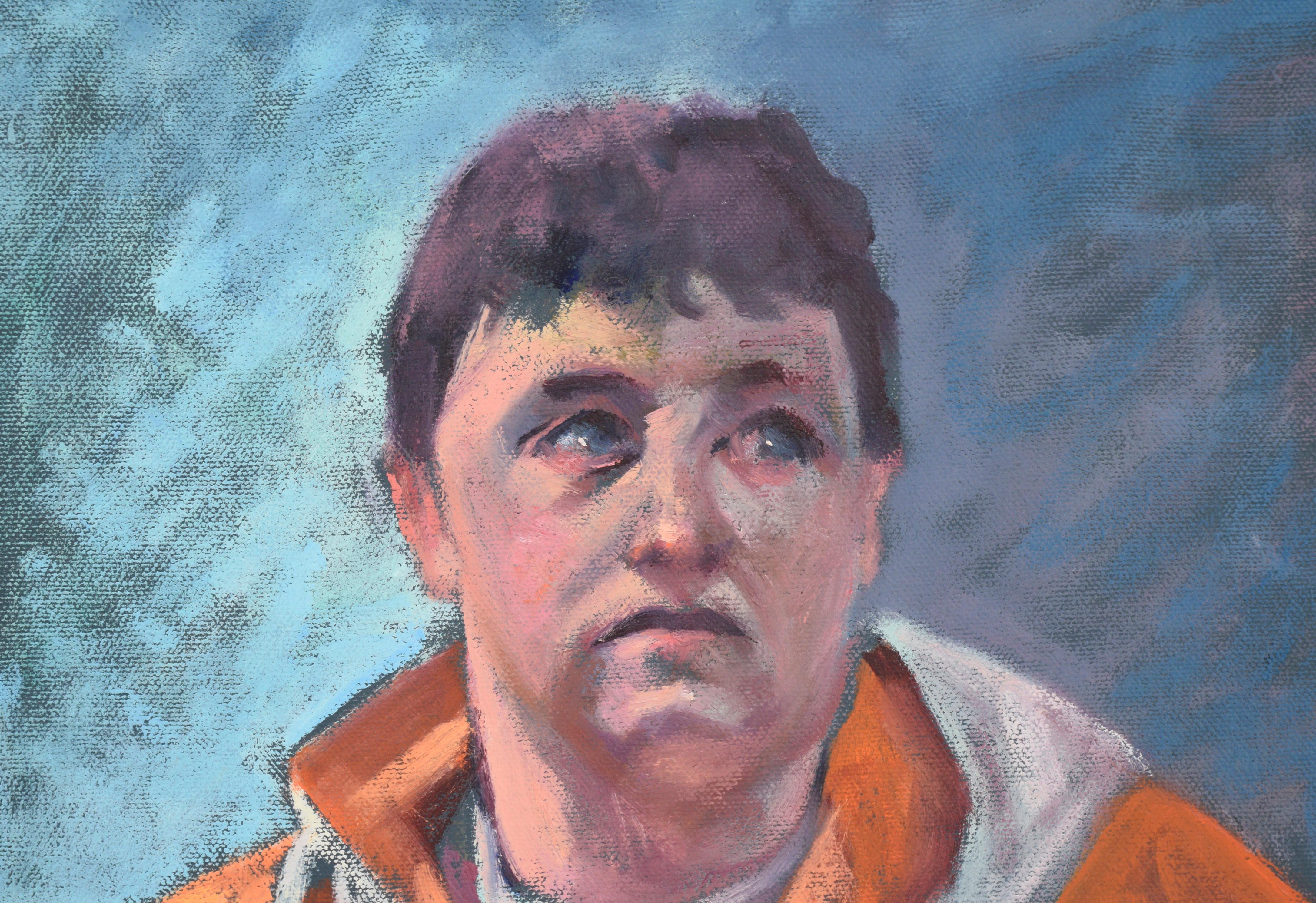 Porträt eines Mannes mit orangefarbener Jacke in Öl auf Leinwand – Painting von Alfred Waterman