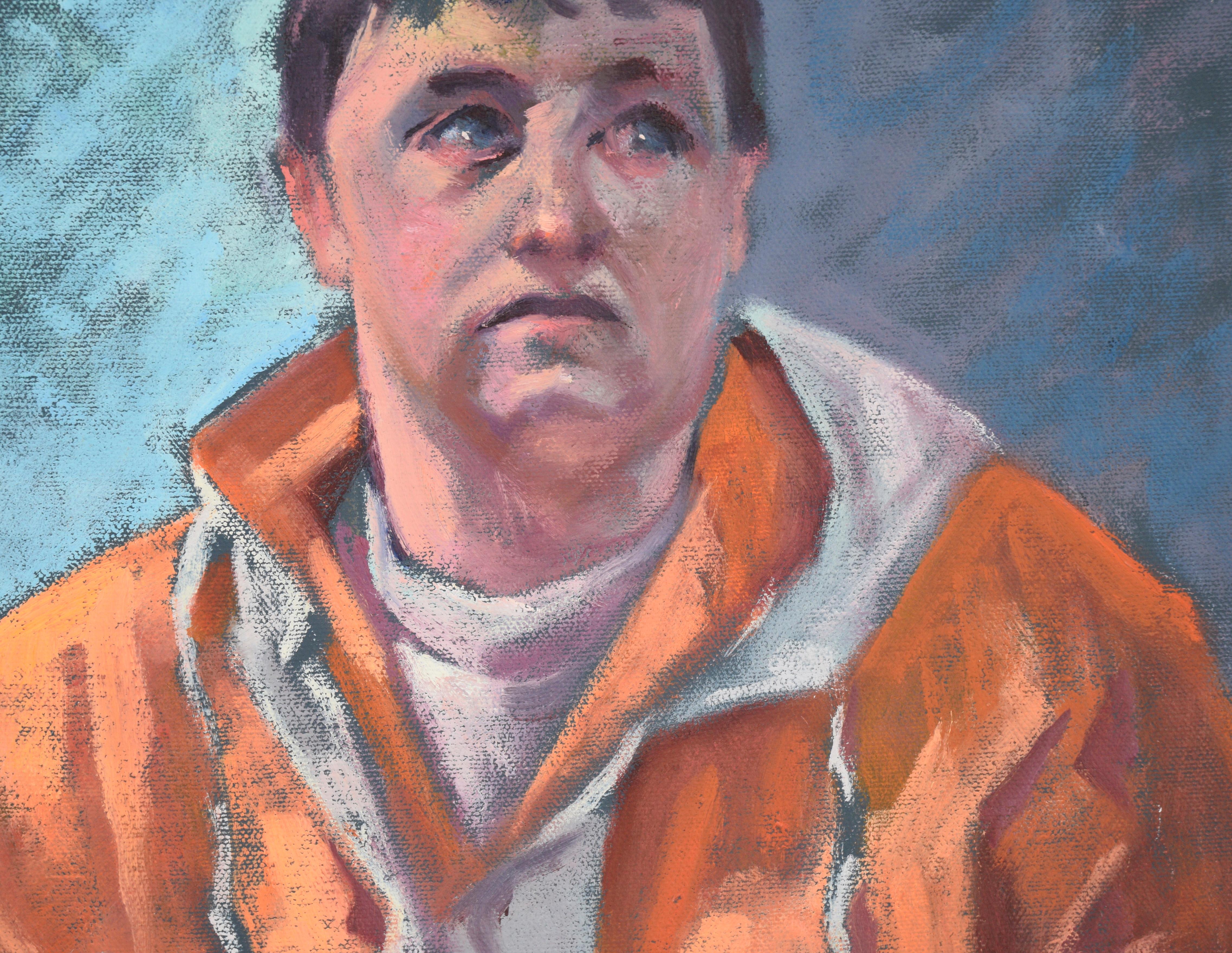 Porträt eines Mannes mit orangefarbener Jacke in Öl auf Leinwand (Zeitgenössisch), Painting, von Alfred Waterman