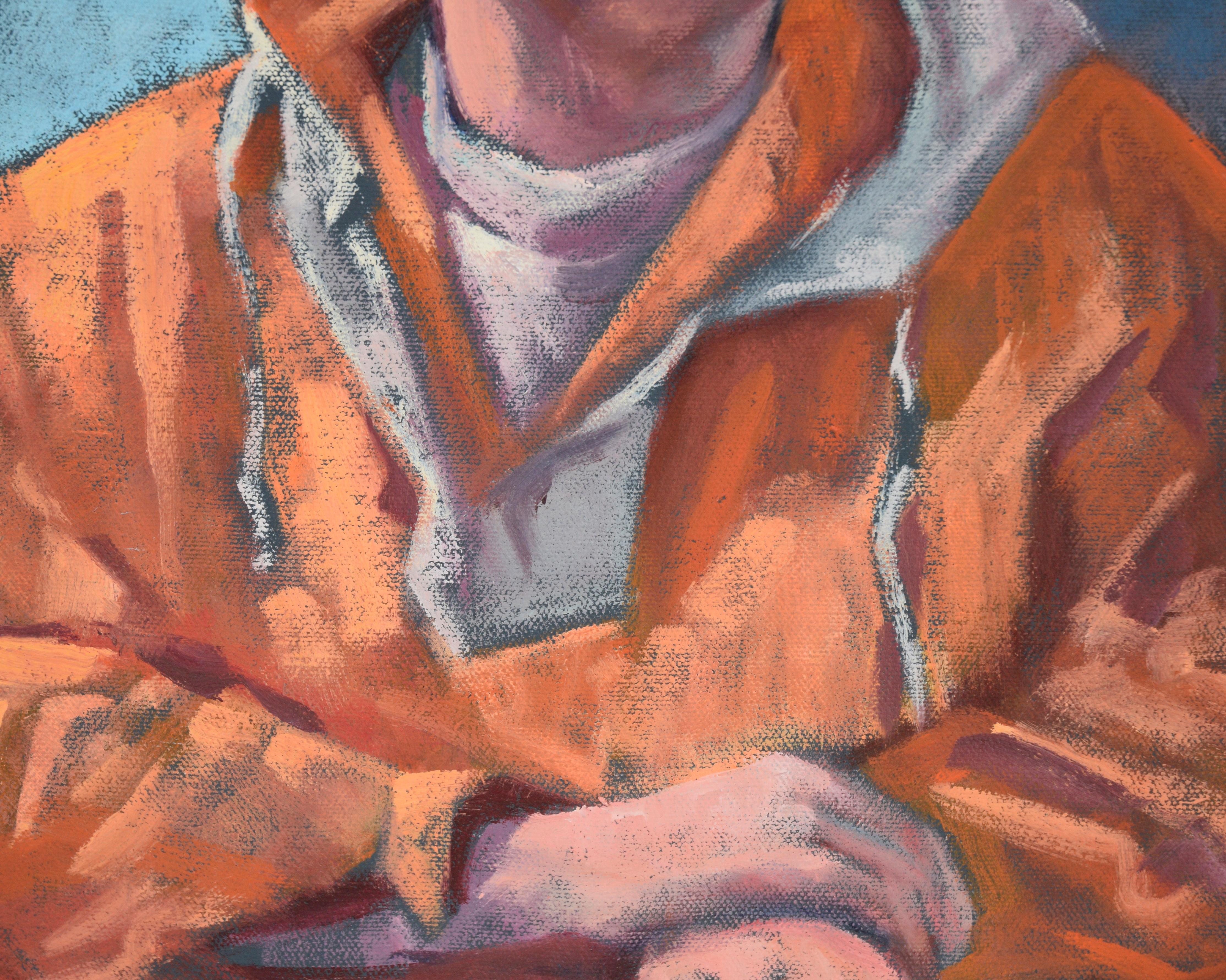 Porträt eines Mannes mit orangefarbener Jacke in Öl auf Leinwand

Zeitgenössisches Porträt von Alfred Waterman (Amerikaner, 1922-2012). Ein junger Mann sitzt für ein Porträt in einer leuchtend orange-weißen Jacke. Er blickt mit gekreuzten Händen