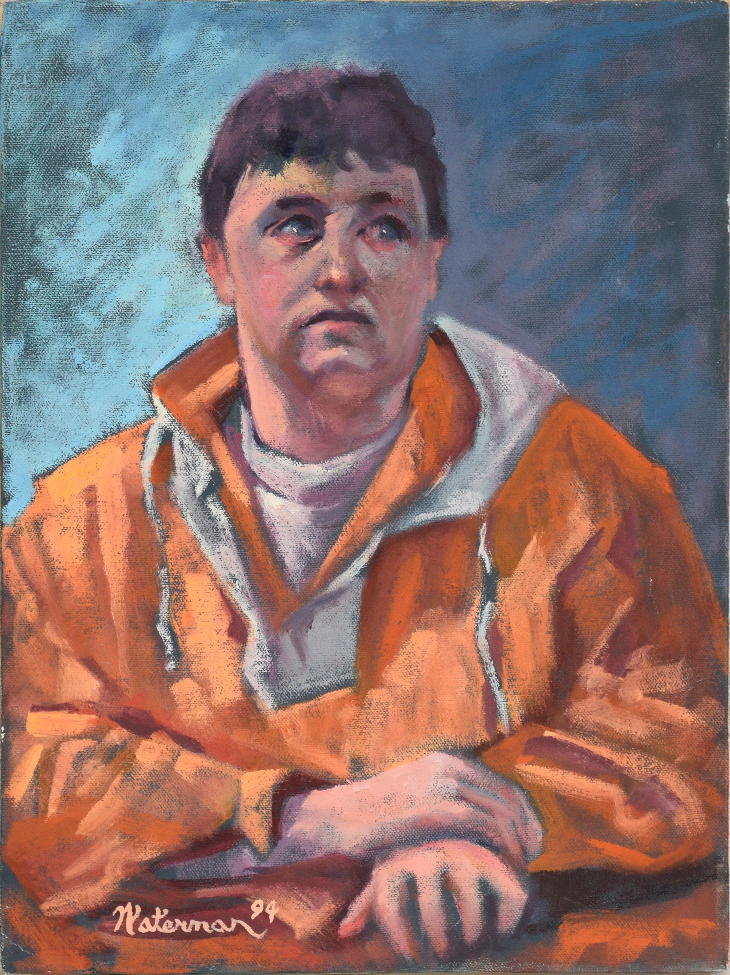 Alfred Waterman Portrait Painting – Porträt eines Mannes mit orangefarbener Jacke in Öl auf Leinwand