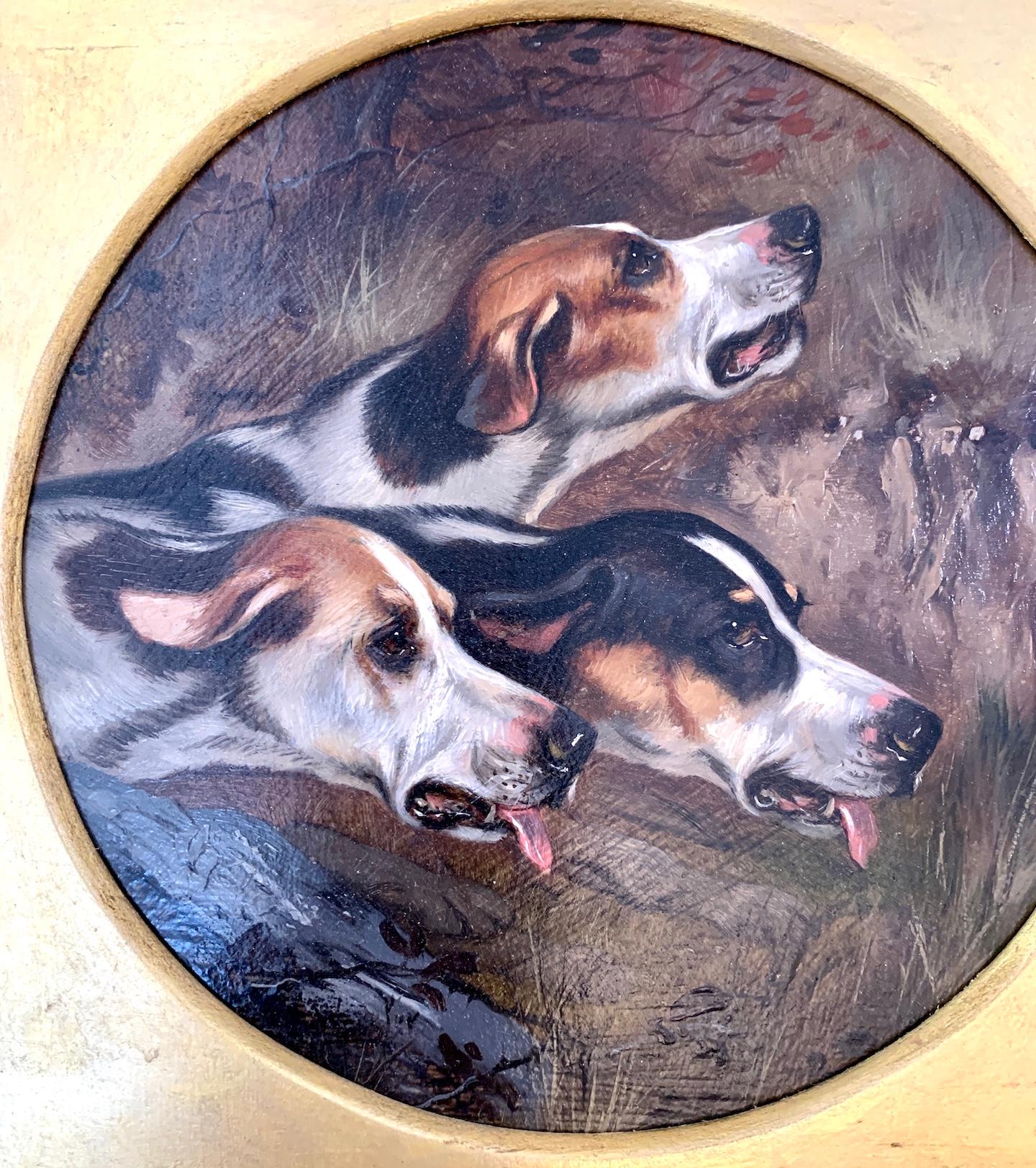 19th century English portrait of three fox Hounds head studies in a landscape. - Painting by Alfred Wheeler