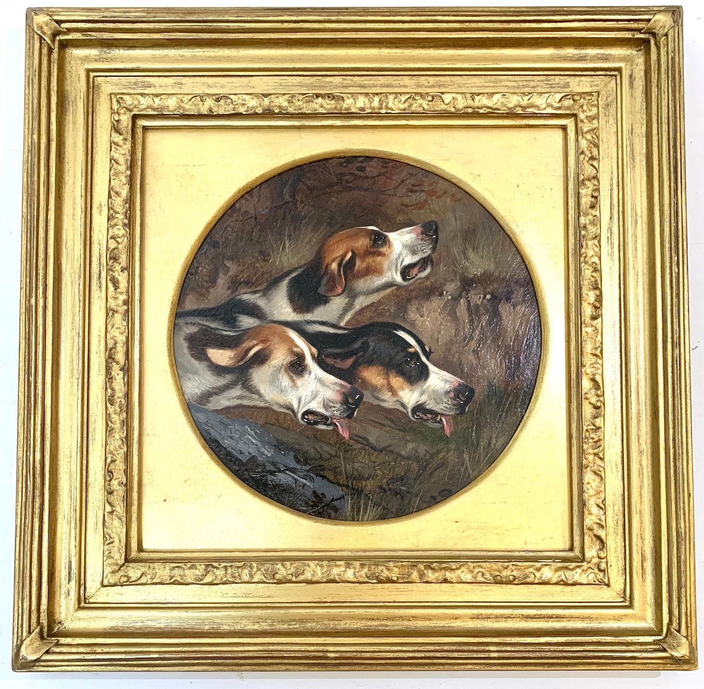 Alfred Wheeler Landscape Painting - 19th century English portrait of three fox Hounds head studies in a landscape.