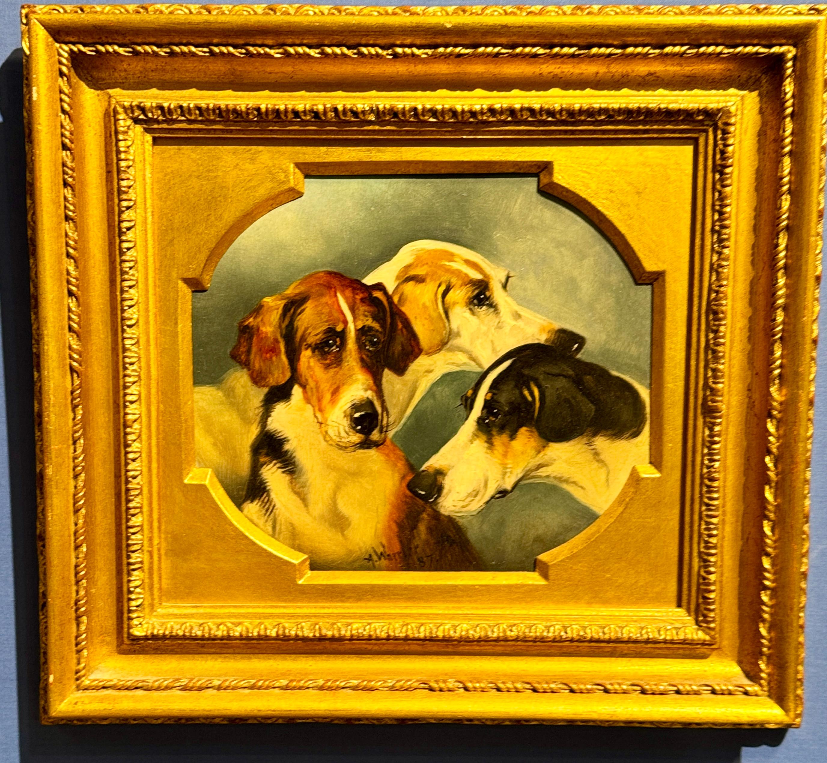 Portrait anglais victorien du 19e siècle de trois chiens Fox Hounds à l'huile