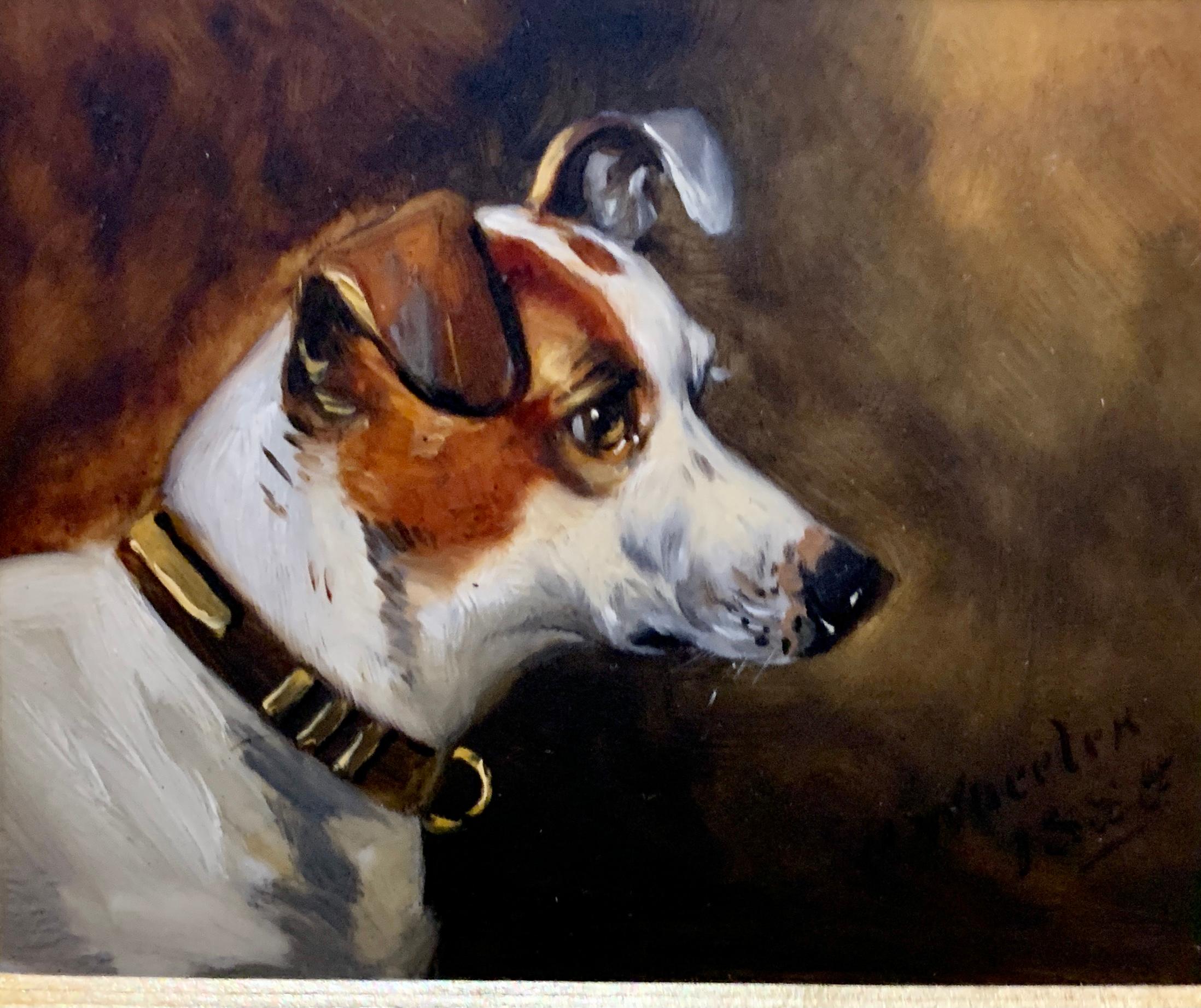 Victorian English 19th century portrait of a Jack Russell dog. - Painting by Alfred Wheeler