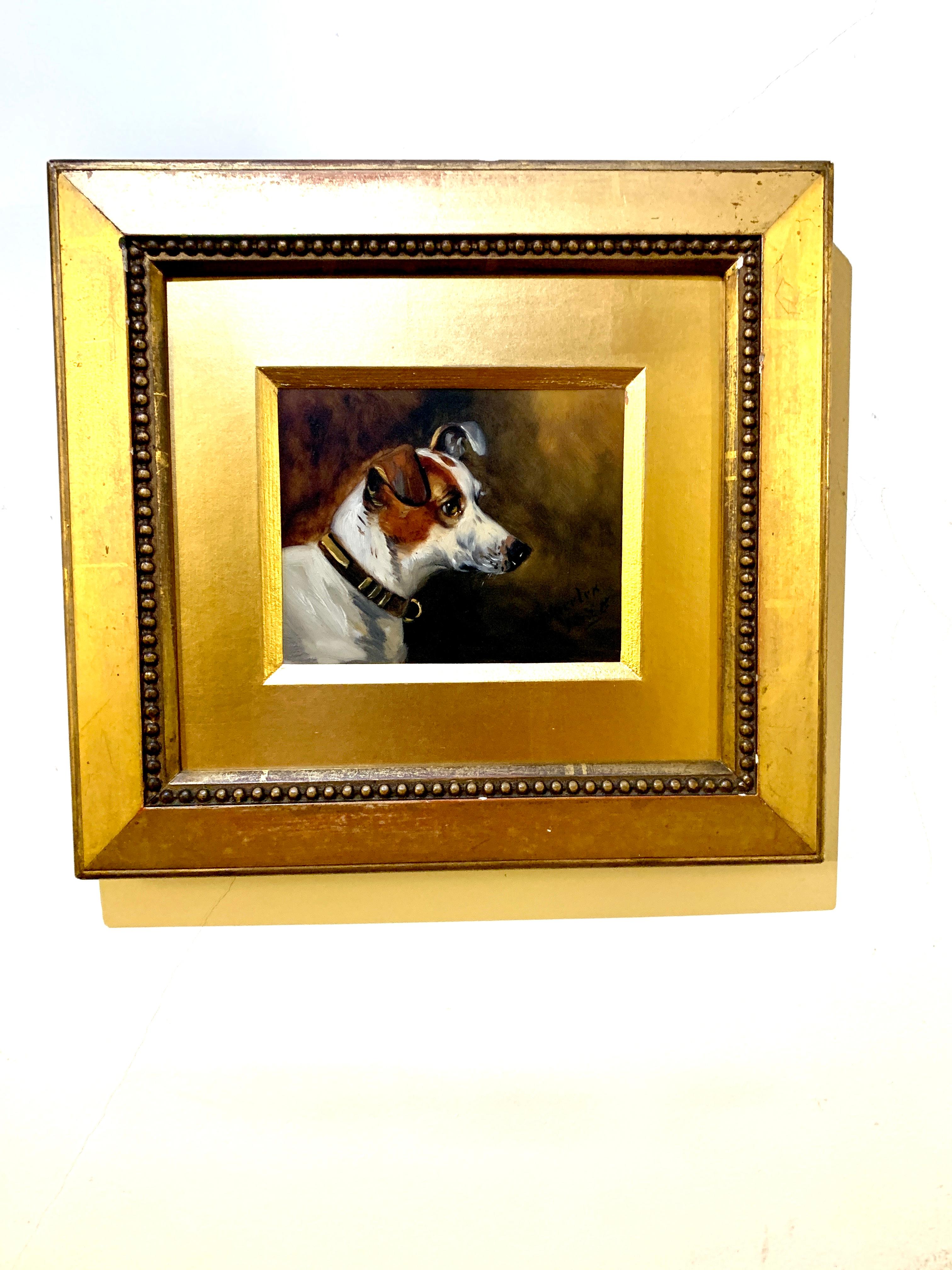 Victorian English 19th century portrait of a Jack Russell dog. - Brown Portrait Painting by Alfred Wheeler