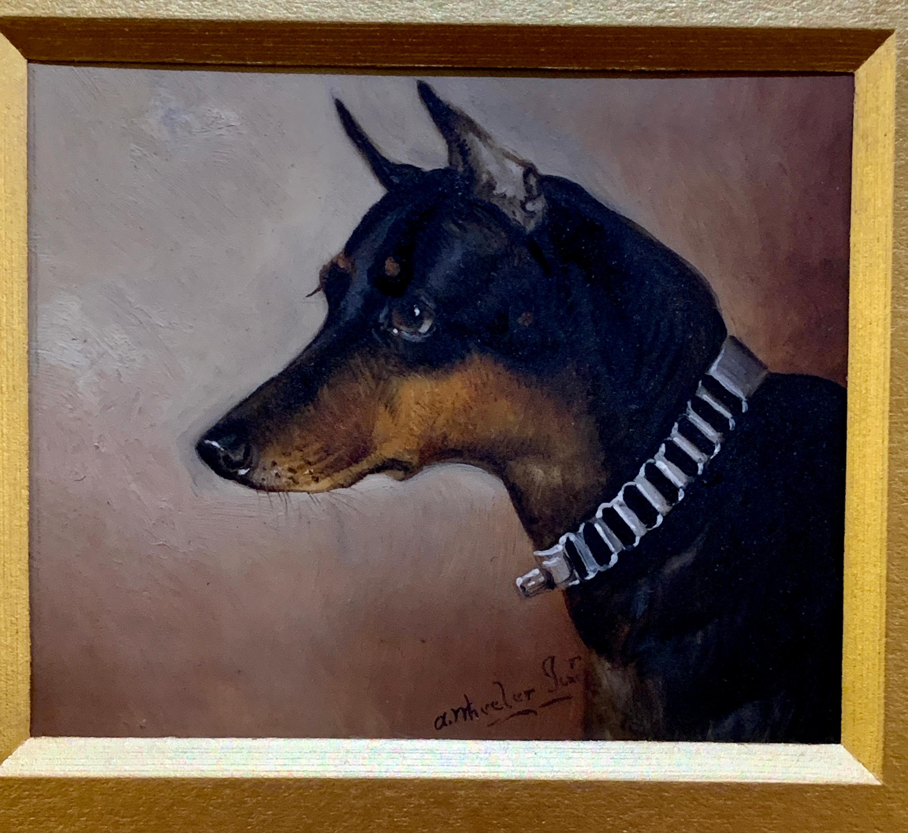 Victorian English 19th century portrait of a Pinscher dog. - Painting by Alfred Wheeler