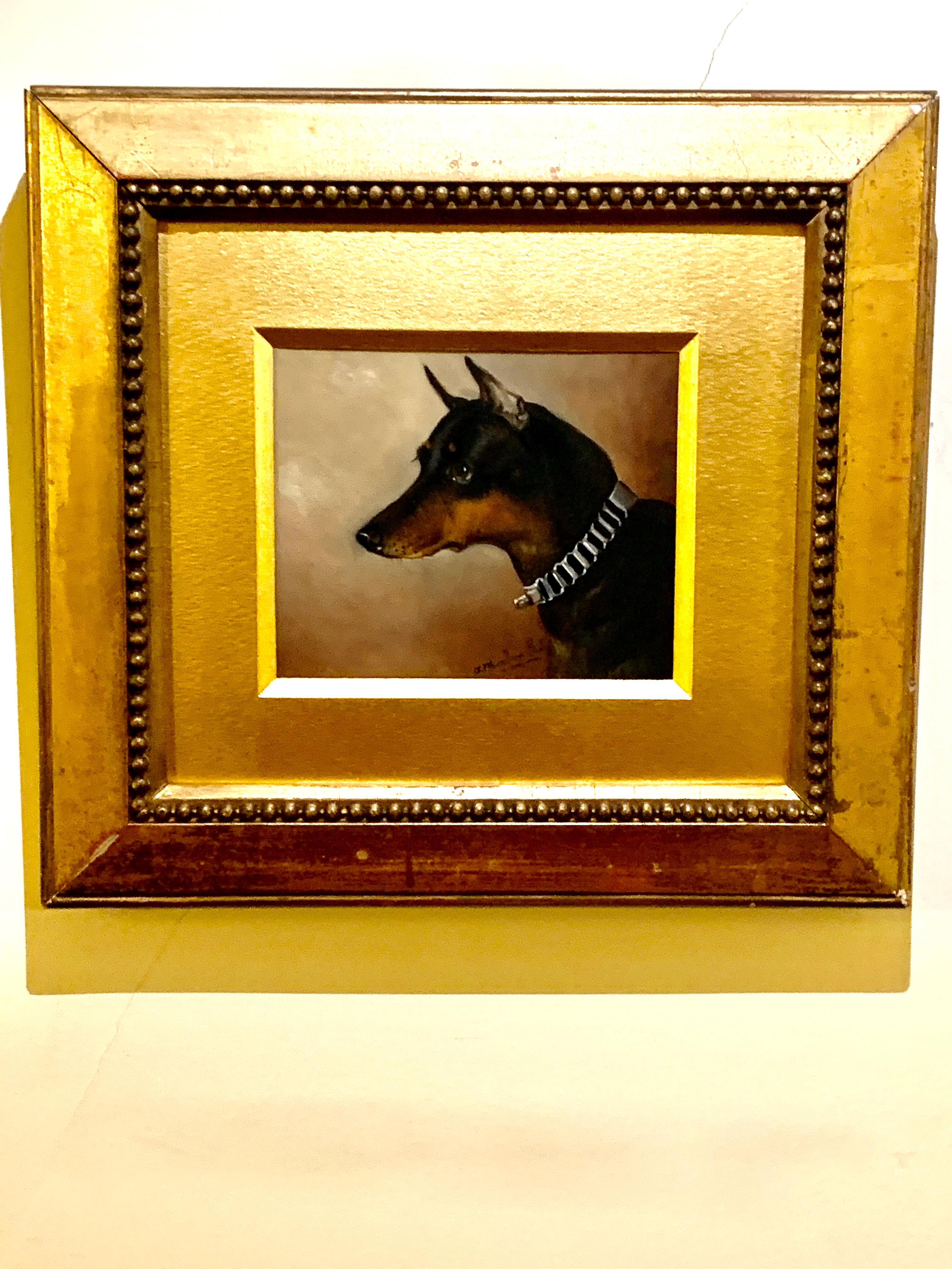 Victorian English 19th-century portrait of a Pinscher dog.

 Wheeler specialized in painting equestrian hunting scenes and sporting scenes.  Wheeler made a very lucrative living during his lifetime as a commissioned artist, painting the gentry’s