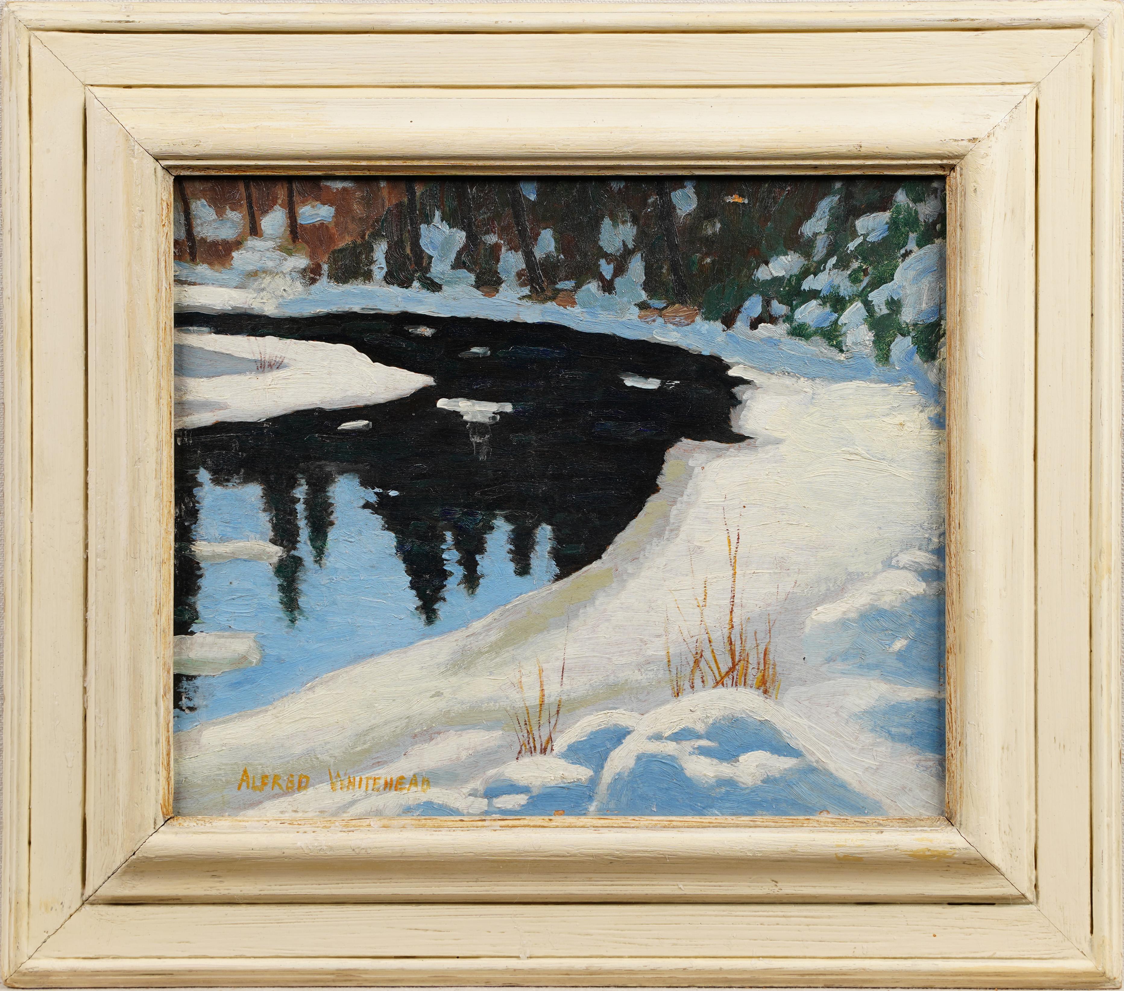 Antiguo cuadro al óleo impresionista canadiense Paisaje nevado de un río invernal Enmarcado - Painting de alfred whitehead