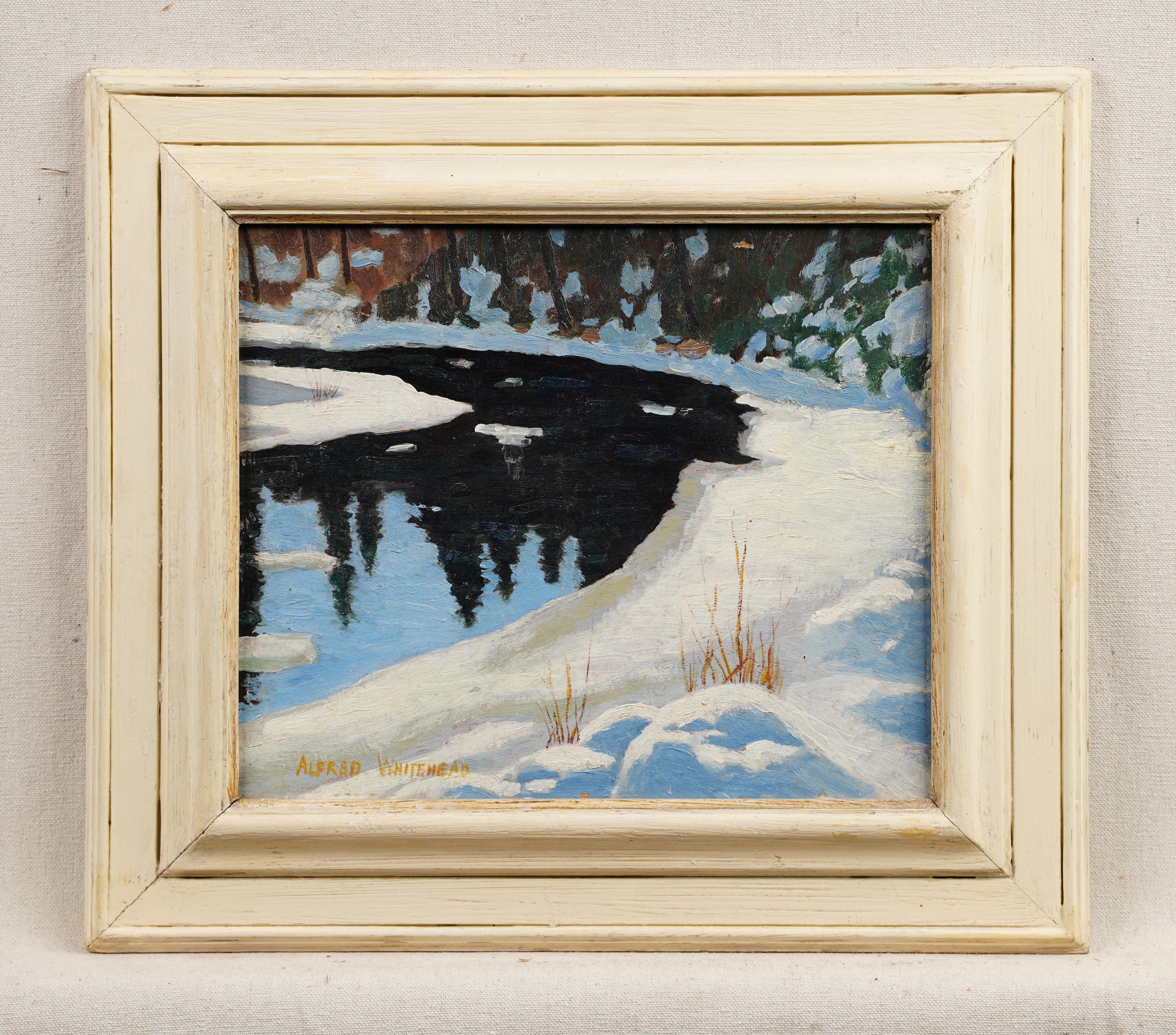 Antiguo cuadro al óleo impresionista canadiense Paisaje nevado de un río invernal Enmarcado - Painting Abstracto de alfred whitehead