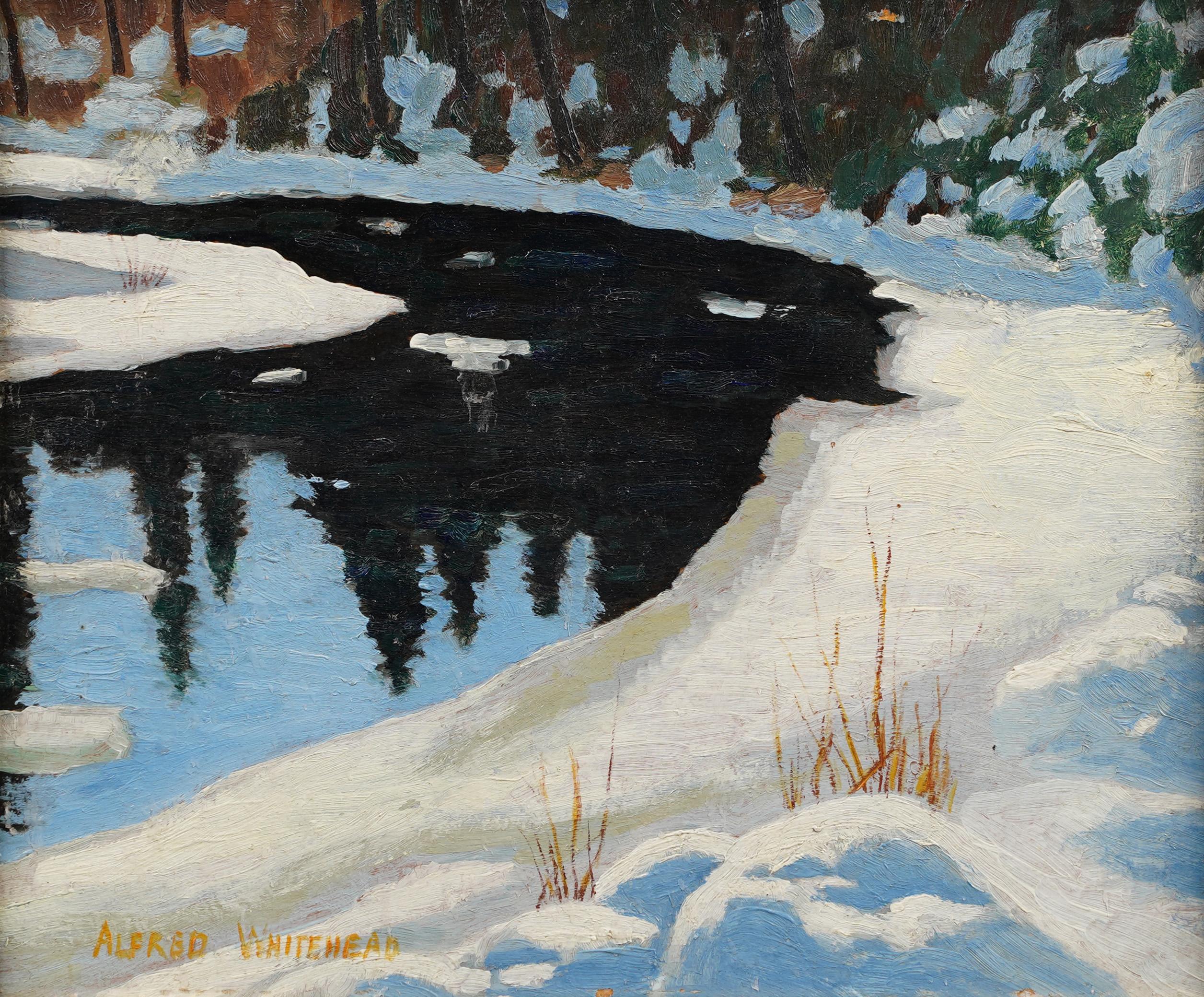 Antiguo cuadro al óleo de un paisaje invernal impresionista canadiense.  Óleo sobre tabla.  Firmado.  Enmarcado.  Tamaño de la imagen, 12L x 10H.