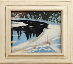 Antique Canadian Impressionist Winter River Snow Landscape Framed Oil Painting
