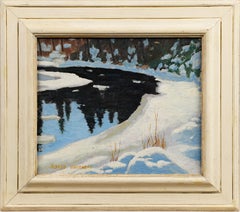 Ancienne peinture à l'huile impressionniste canadienne encadrée - Paysage de neige encadré des rivières d'hiver