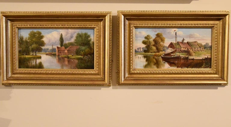 Oil Painting Pair by Alfred William Darby “Norfolk Riverscapes”. Alfred William Darby 1844-1916 Late Victorian Landscape based in Norwich, painting Norfolk and Dutch views. Works by him found in the Norwich Castle Museum. Both oil on board. Signed