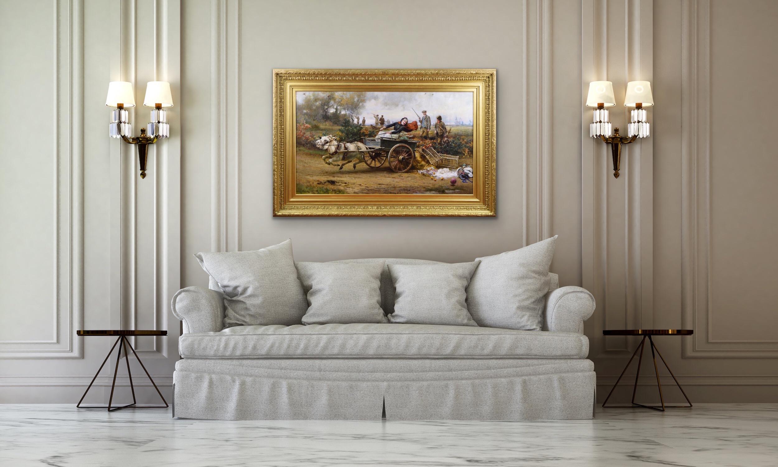 Grande peinture à l'huile de genre/sport du 19e siècle représentant une dame avec un âne et un chariot en vente 5