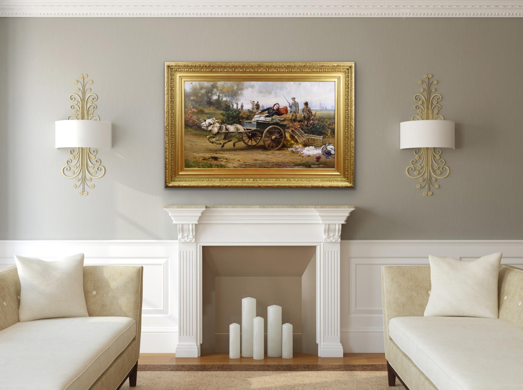 Grande peinture à l'huile de genre/sport du 19e siècle représentant une dame avec un âne et un chariot en vente 6