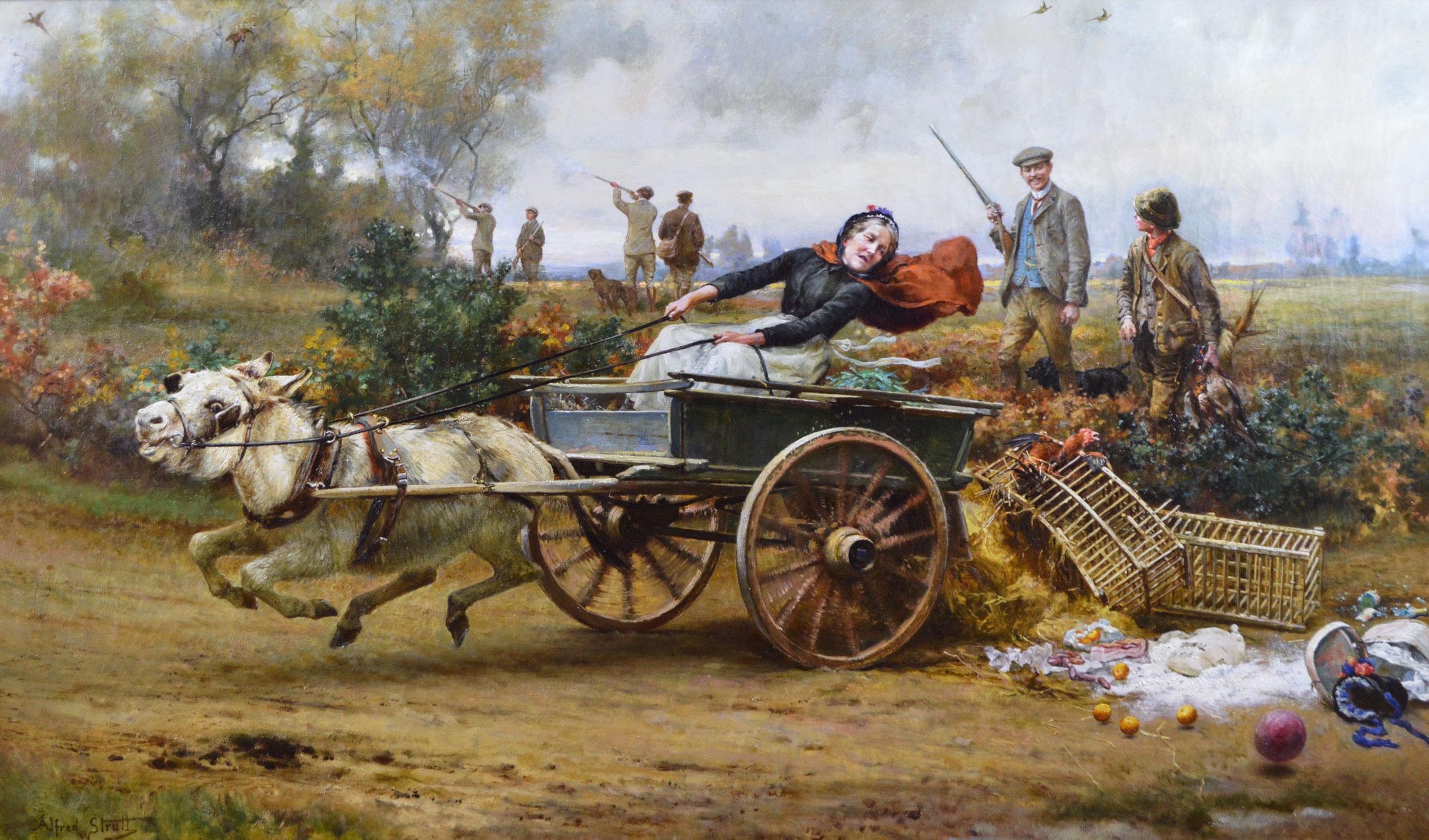 Grande peinture à l'huile de genre/sport du 19e siècle représentant une dame avec un âne et un chariot - Painting de Alfred William Strutt