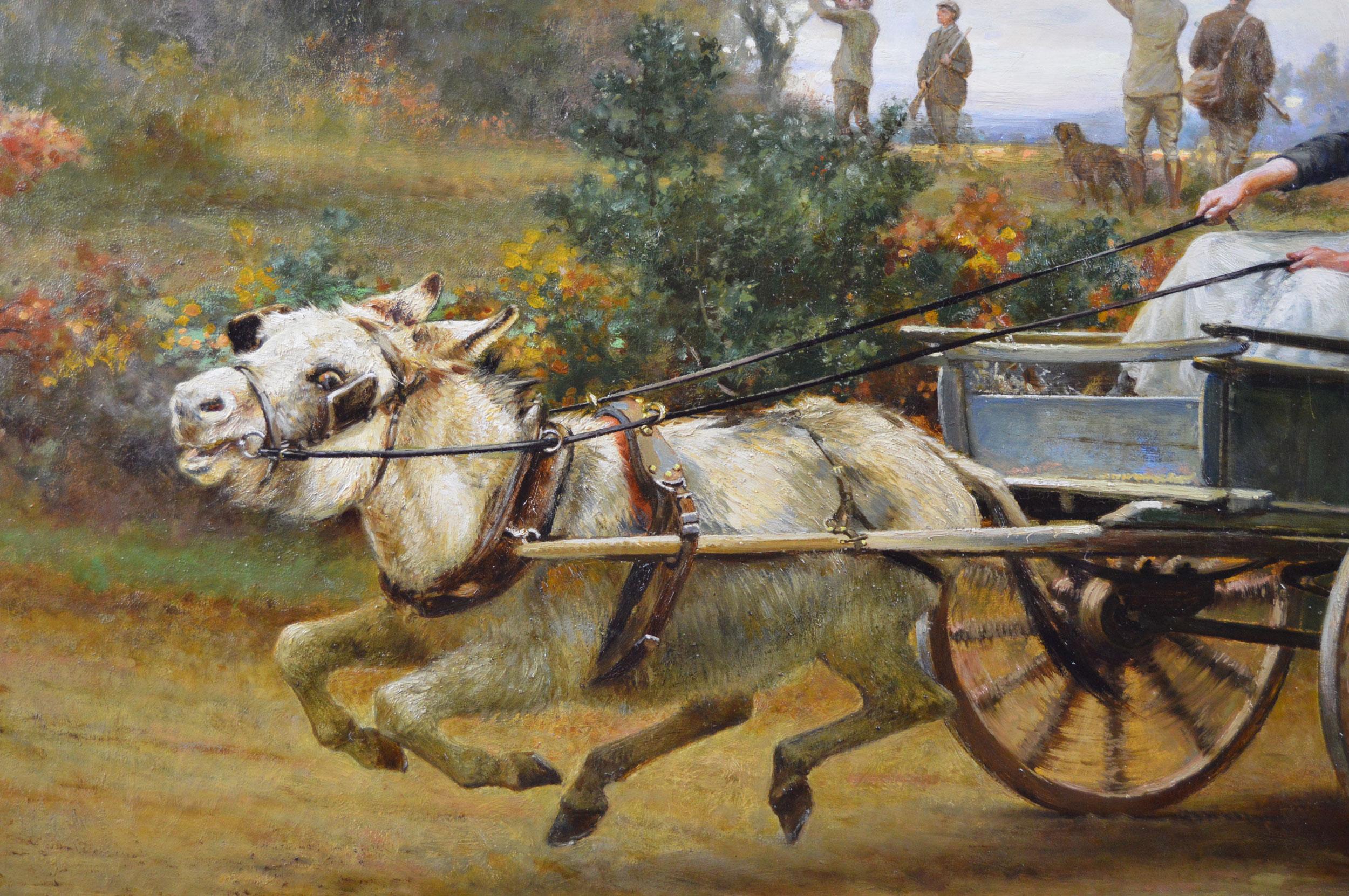 Grande peinture à l'huile de genre/sport du 19e siècle représentant une dame avec un âne et un chariot - Victorien Painting par Alfred William Strutt