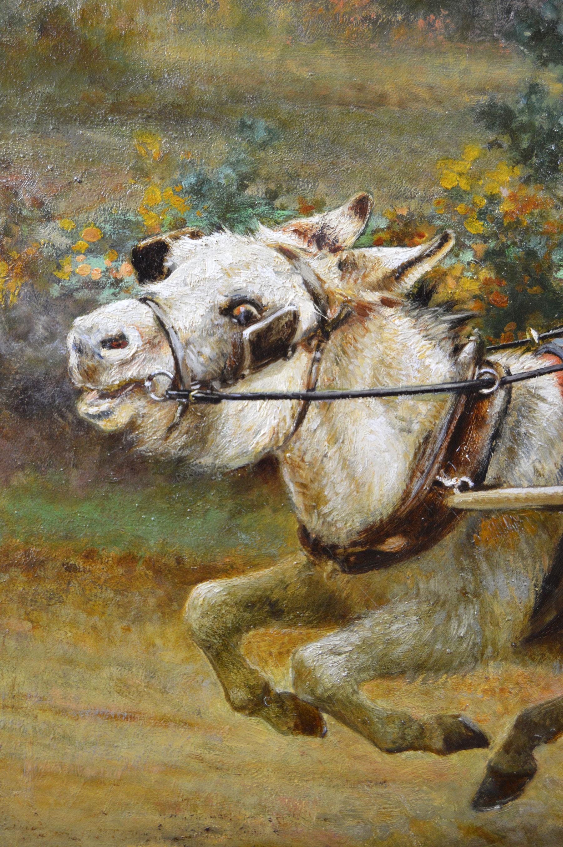 Grande peinture à l'huile de genre/sport du 19e siècle représentant une dame avec un âne et un chariot en vente 2