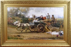 Large scale 19th Century genre/sporting oil painting of lady with donkey & cart