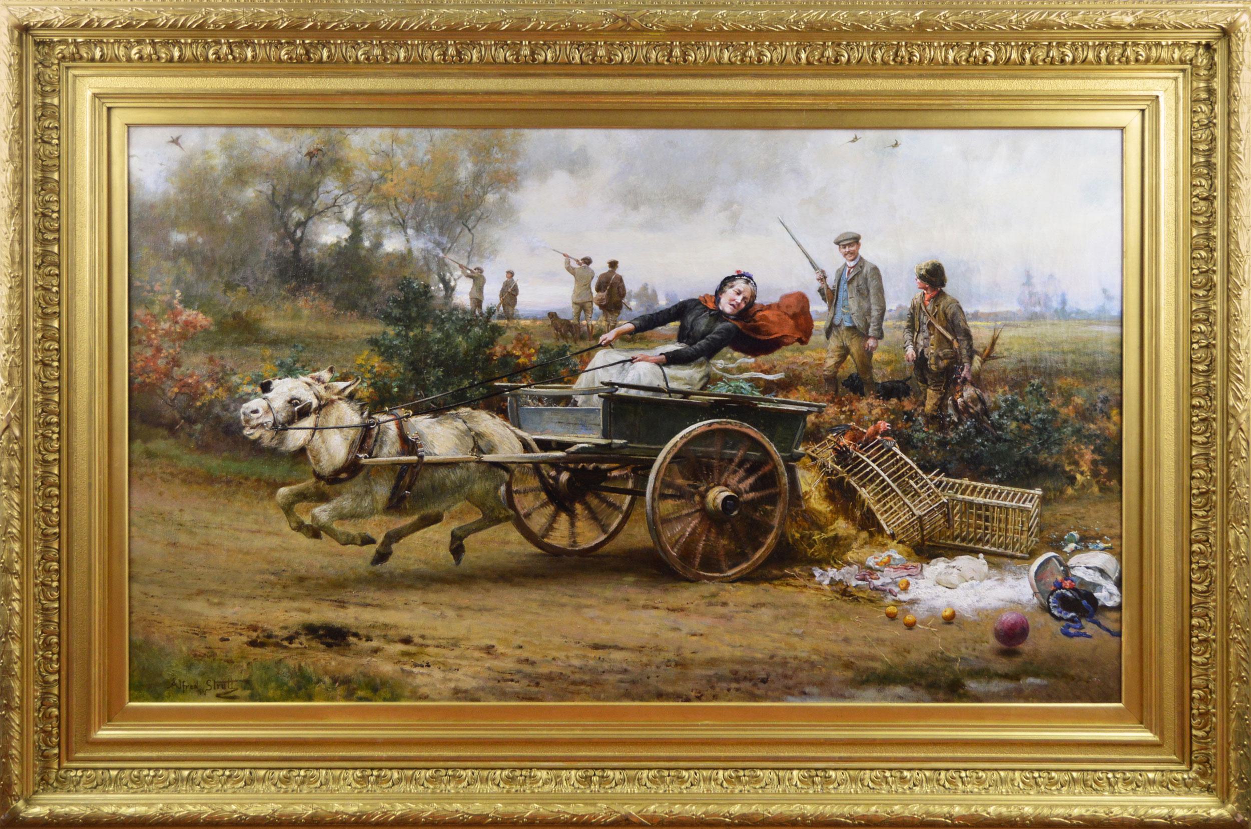 Grande peinture à l'huile de genre/sport du 19e siècle représentant une dame avec un âne et un chariot