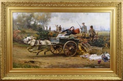 Large scale 19th Century genre/sporting oil painting of lady with donkey & cart