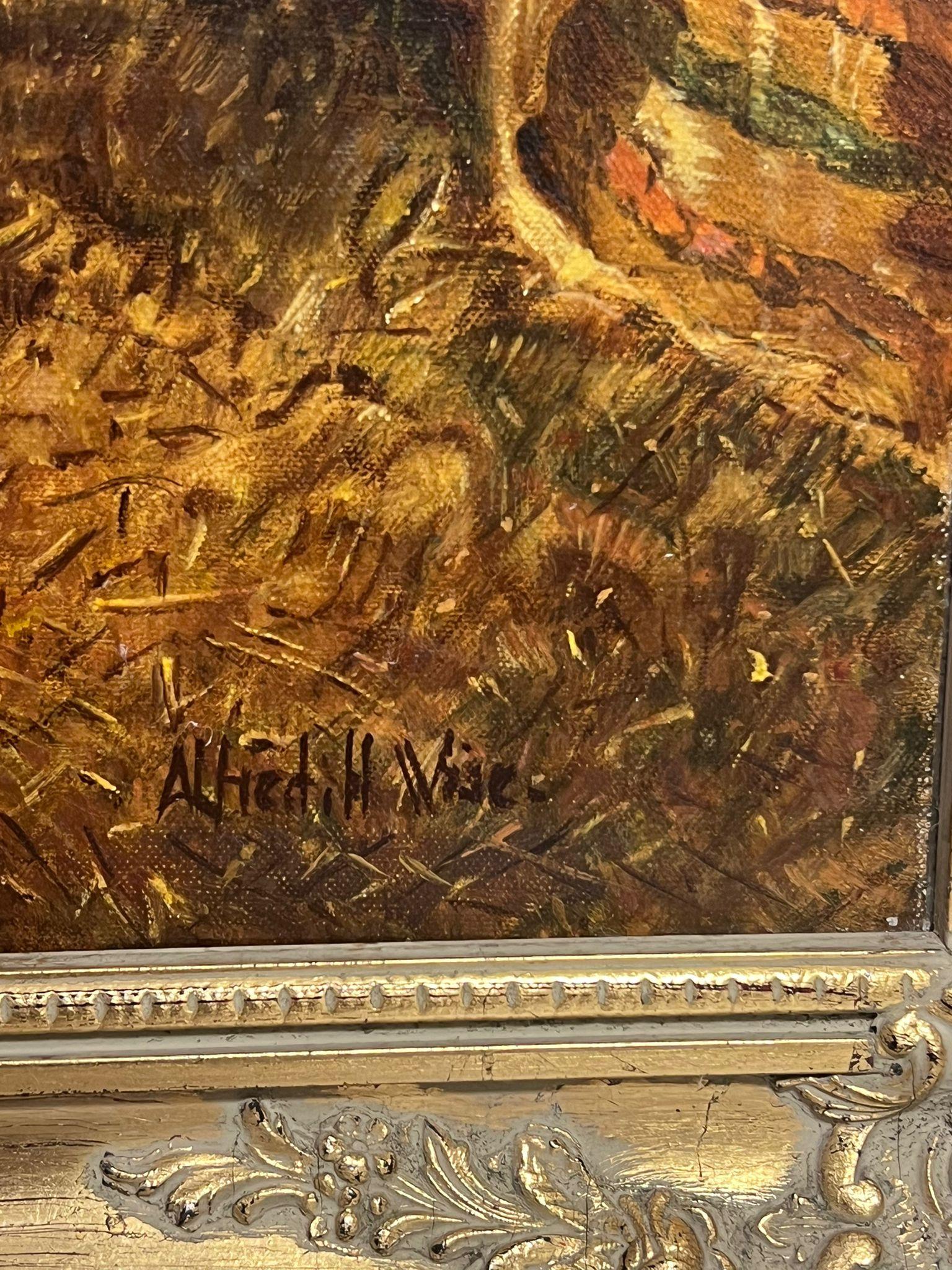 Classico dipinto ad olio di British Sporting Art Cavallo e segugi in un interno di scuderia 6