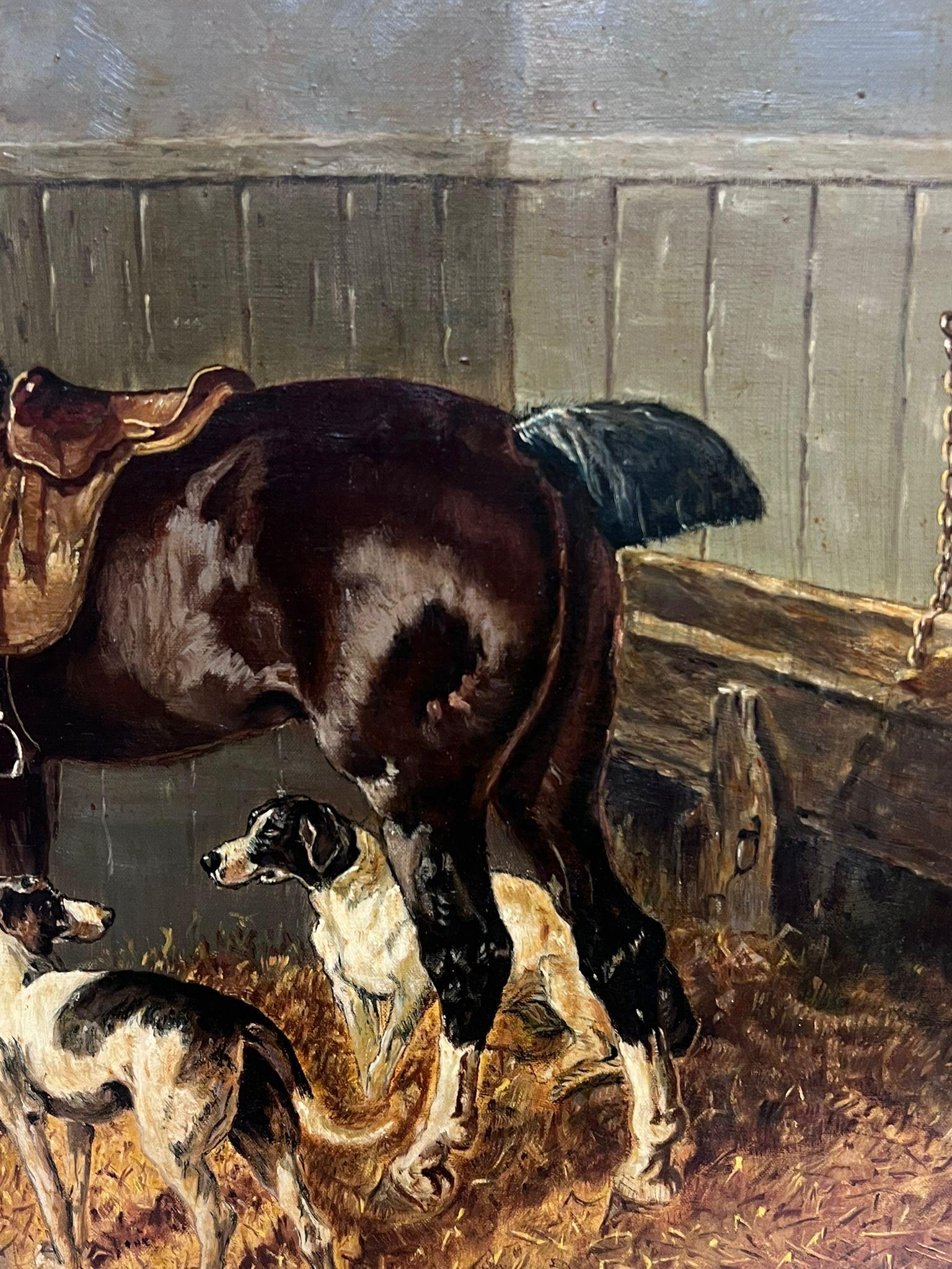 Classico dipinto ad olio di British Sporting Art Cavallo e segugi in un interno di scuderia 8