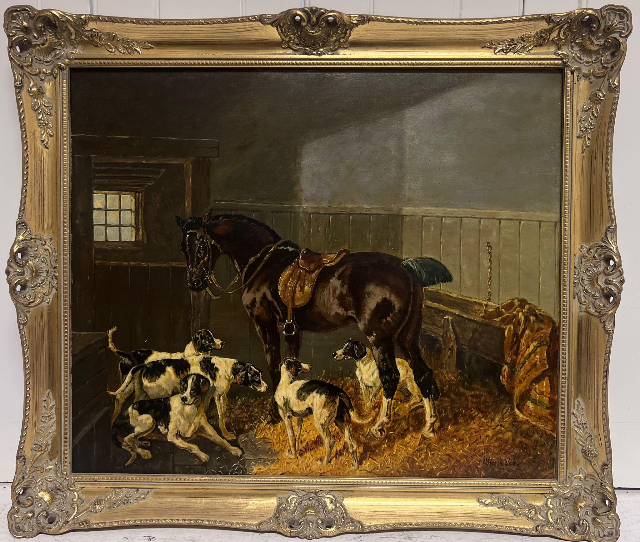 Classic British Sporting Art Ölgemälde Pferd & Hunde im Stall Interieur – Painting von Alfred Wise