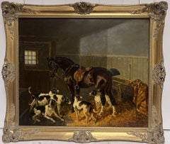 Classic British Sporting Art Oil Painting Horse & Hounds in Stable Interior